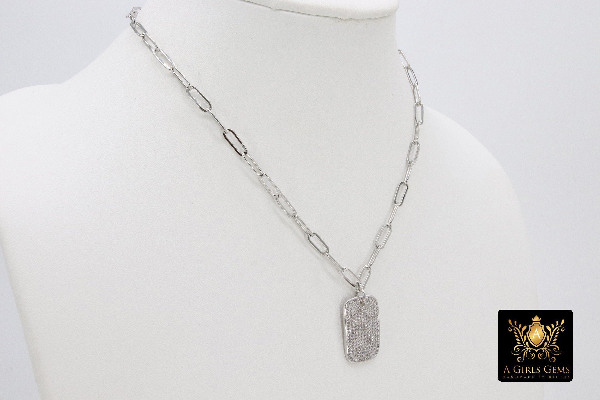 Dog Tag Necklace, CZ Silver Rectangle Pendants - A Girls Gems