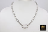 Silver Chain Choker, Paper Clip Chain Necklace, CZ Oval Screw Clasps, Thick Rectangle Chain, Gold, Black, Rose, Silver