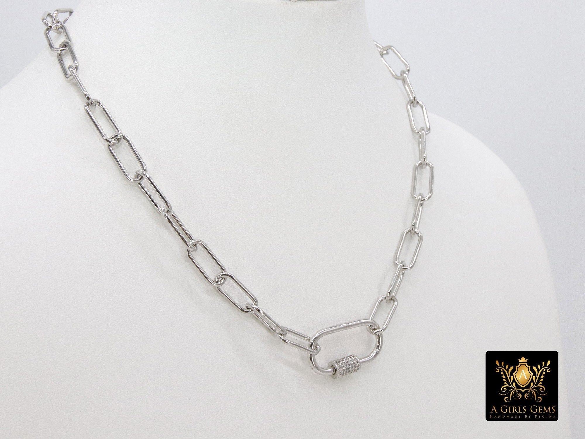 Silver Chain Choker, Paper Clip Chain Necklace, CZ Oval Screw Clasps, Thick Rectangle Chain, Gold, Black, Rose, Silver