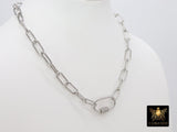 Silver Chain Choker, Paper Clip Chain Necklace, CZ Oval Screw Clasps, Thick Rectangle Chain, Gold, Black, Rose, Silver