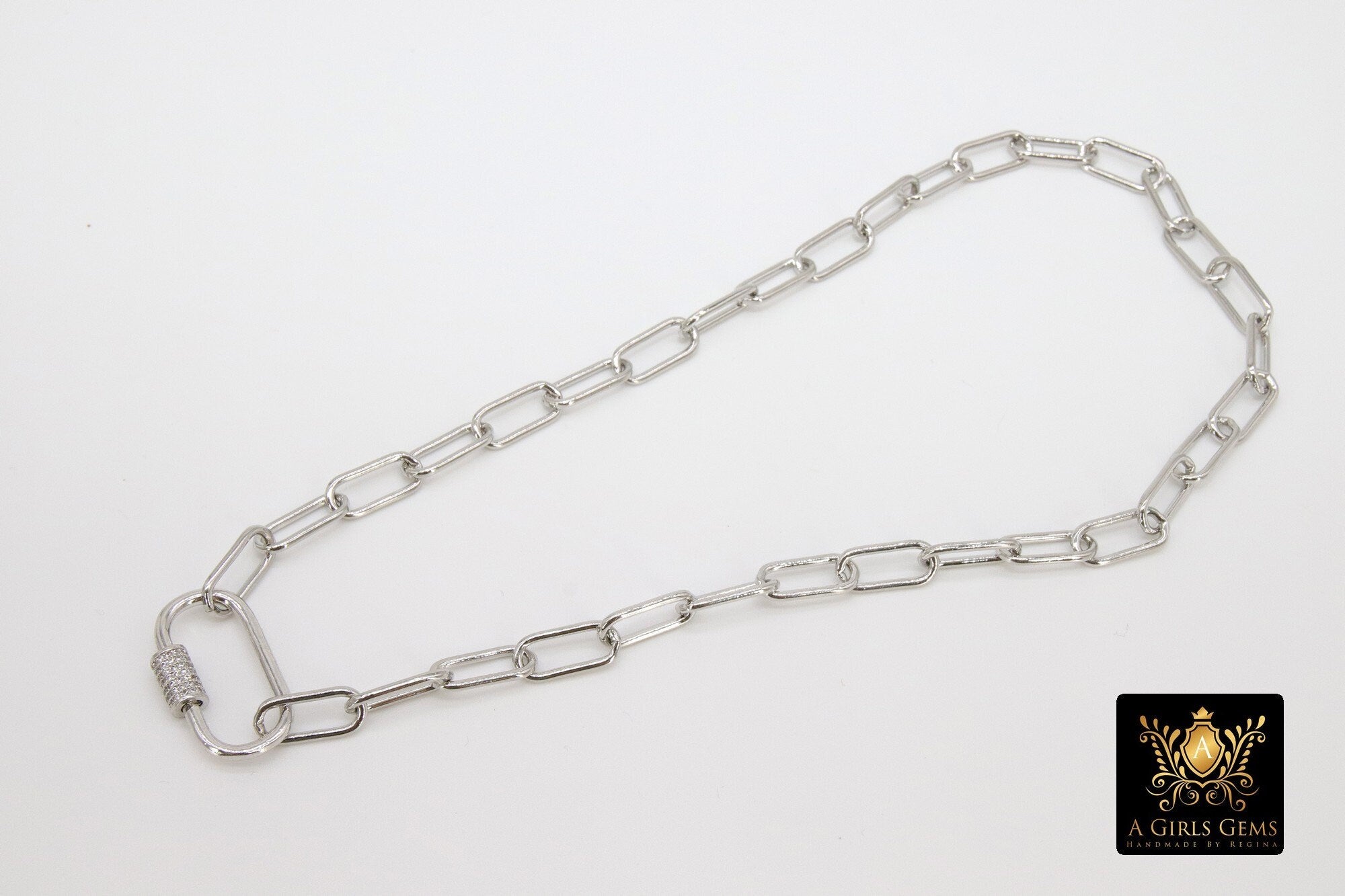 Silver Chain Choker, Paper Clip Chain Necklace, CZ Oval Screw Clasps, Thick Rectangle Chain, Gold, Black, Rose, Silver
