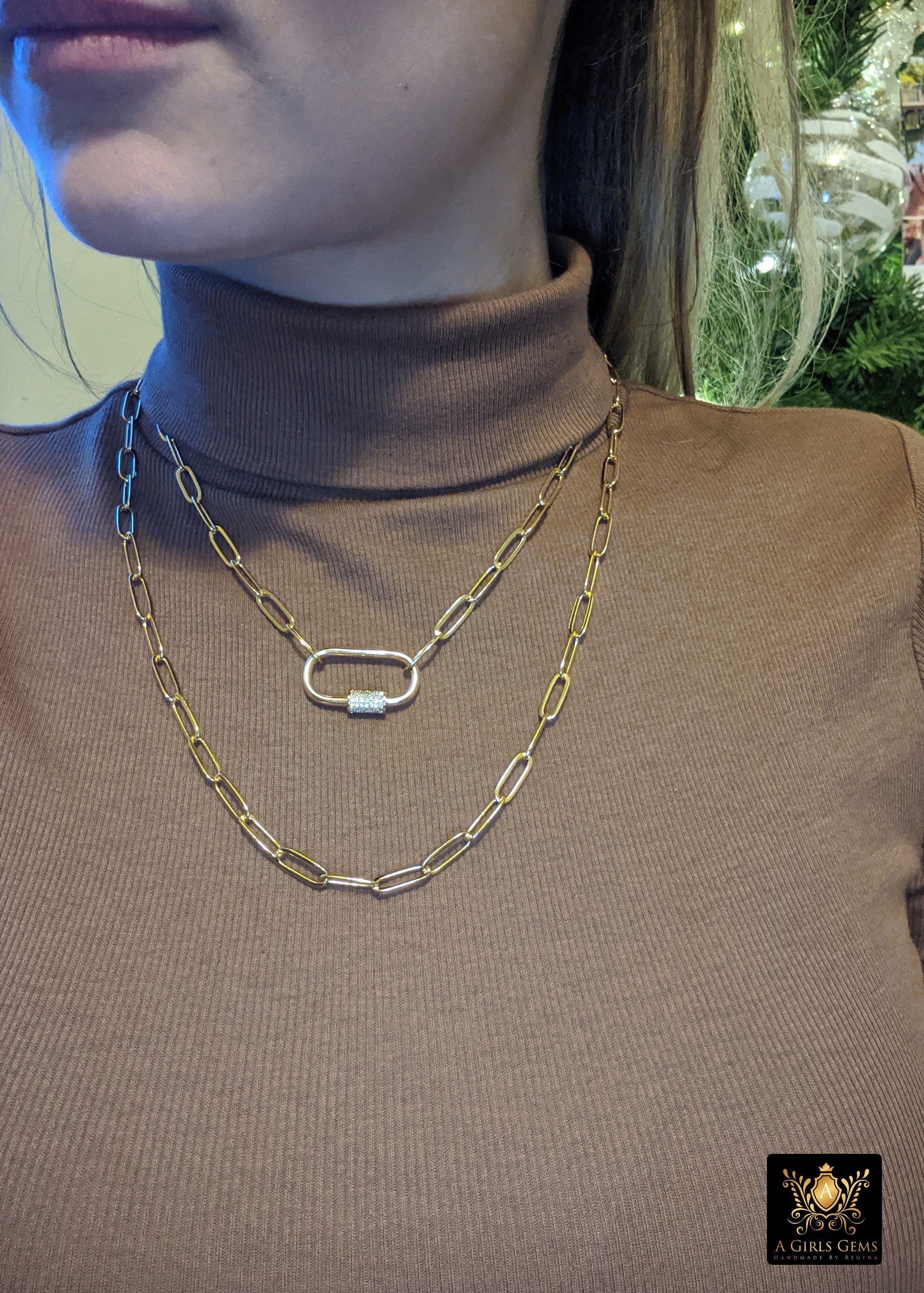 Gold Rectangle Necklace, Oval Screw Clasp Long Necklace, Wrap Necklace, Everyday Choker - A Girls Gems