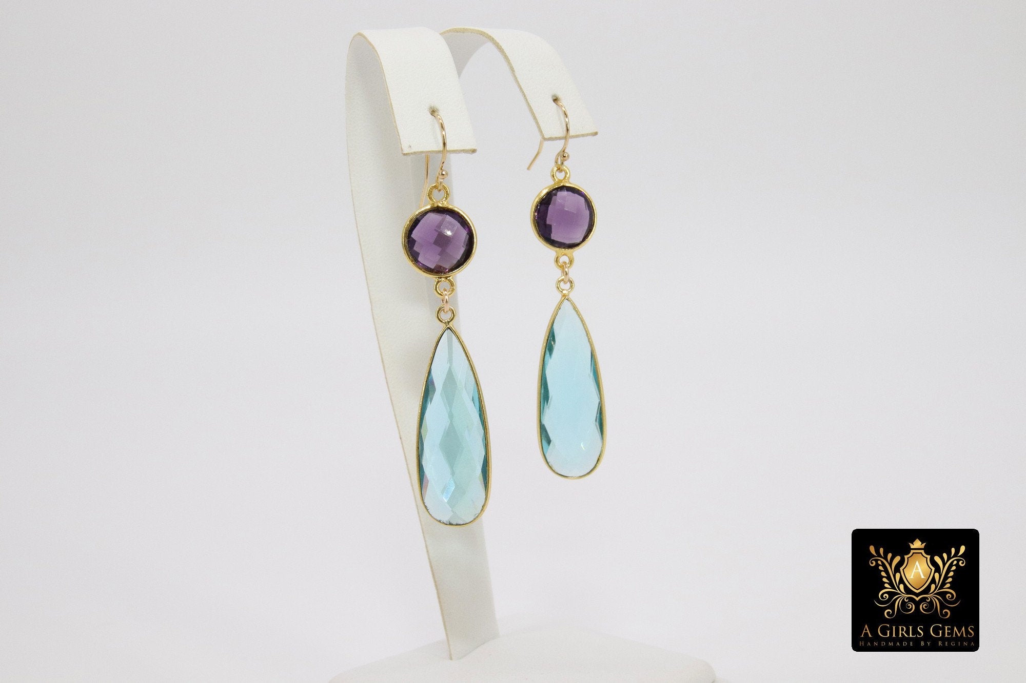 14 K Gold Blue Topaz Earrings, Amethyst Gemstones, Dangle Ear Wire Hooks, December Birthday - A Girls Gems