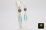 14 K Gold Blue Topaz Earrings, Amethyst Gemstones, Dangle Ear Wire Hooks, December Birthday - A Girls Gems