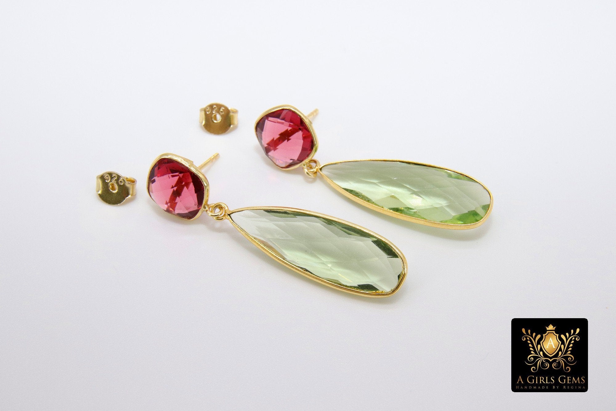 Pink Tourmaline and Lemon Quartz Stud Earrings, Gold, 925 Long Teardrop Gemstone Jewelry - A Girls Gems