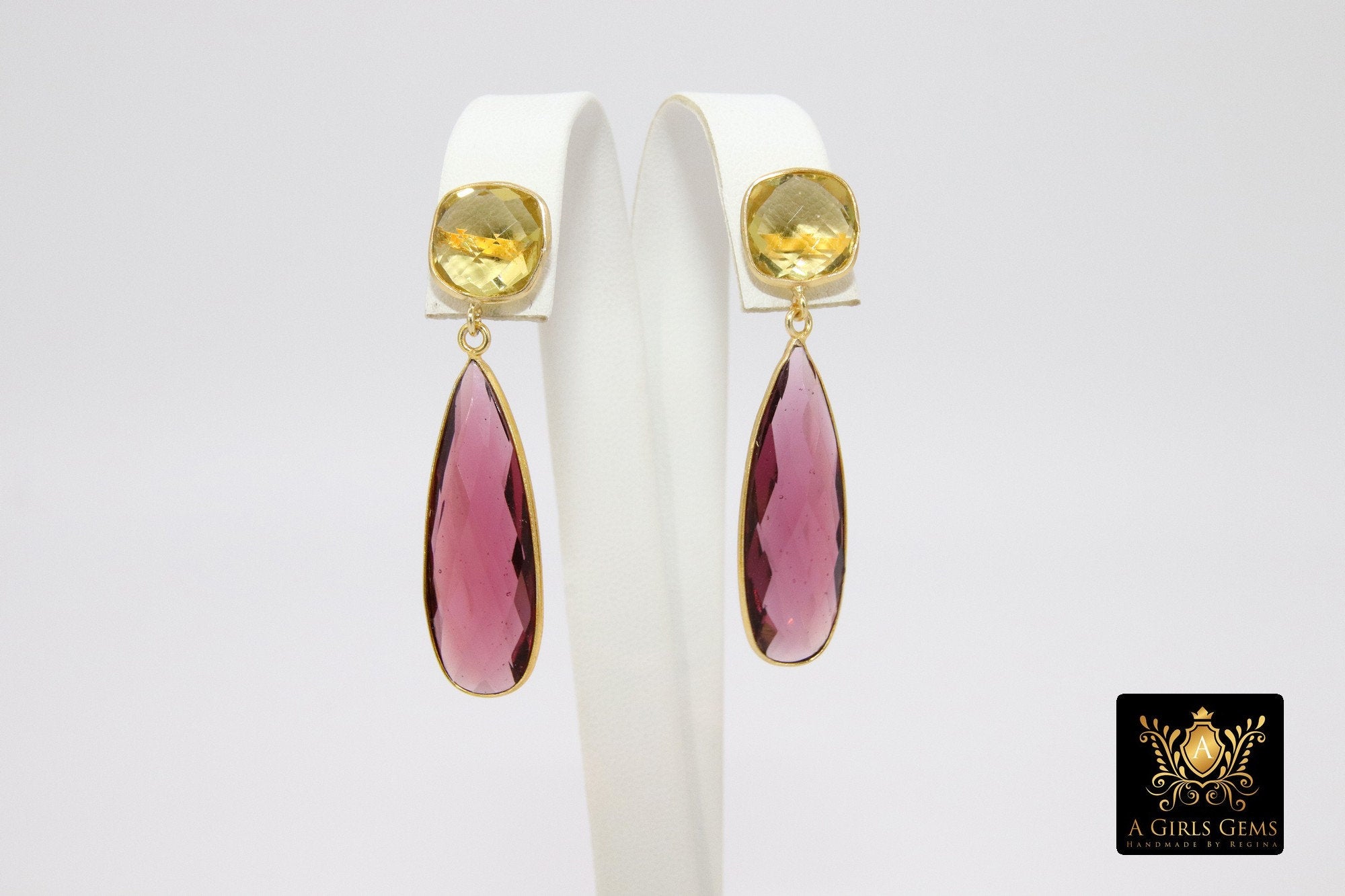 Pink Tourmaline and Lemon Quartz Stud Earrings, Gold, 925 Long Teardrop Gemstone Jewelry - A Girls Gems