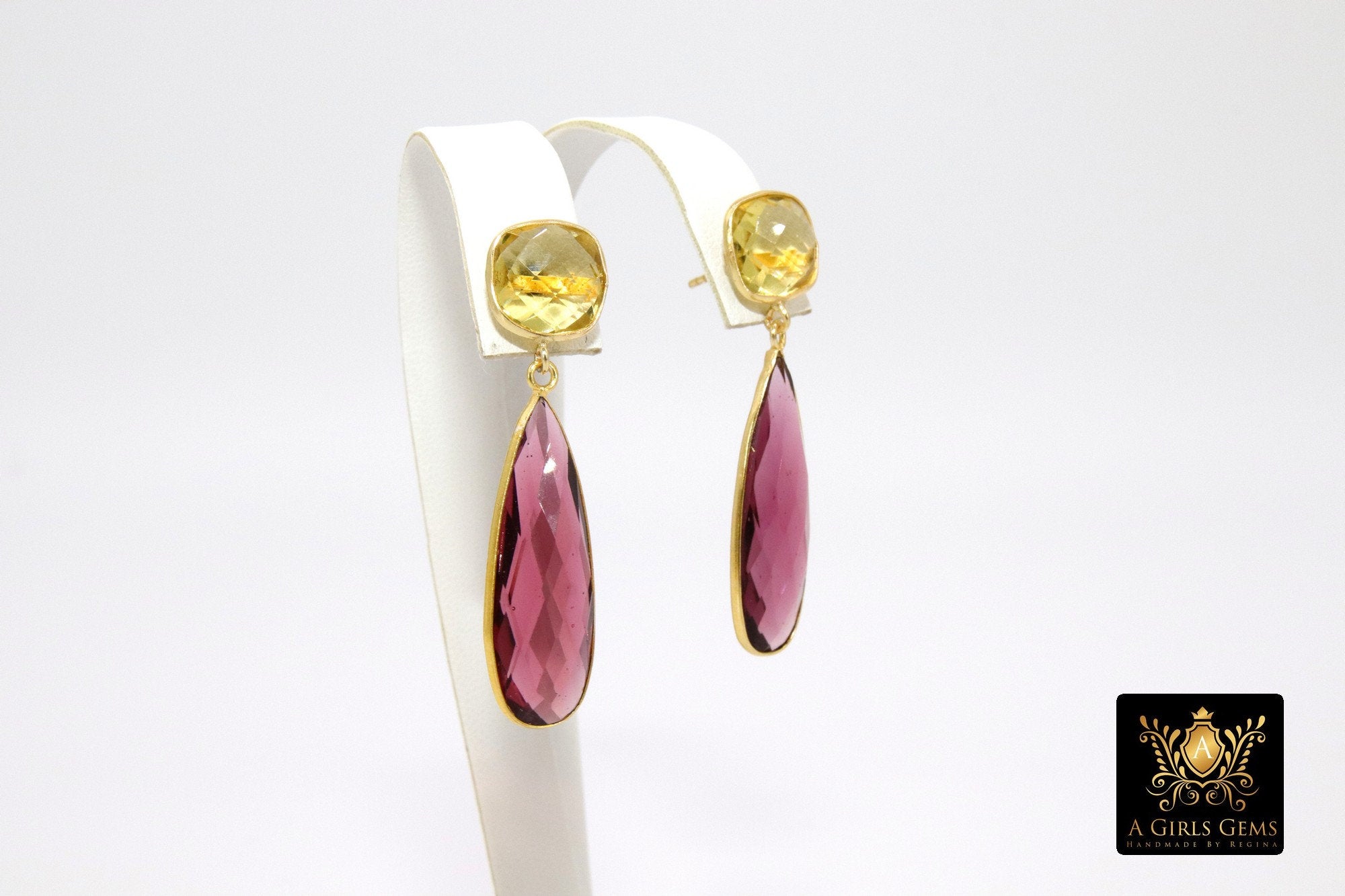 Pink Tourmaline and Lemon Quartz Stud Earrings, Gold, 925 Long Teardrop Gemstone Jewelry - A Girls Gems