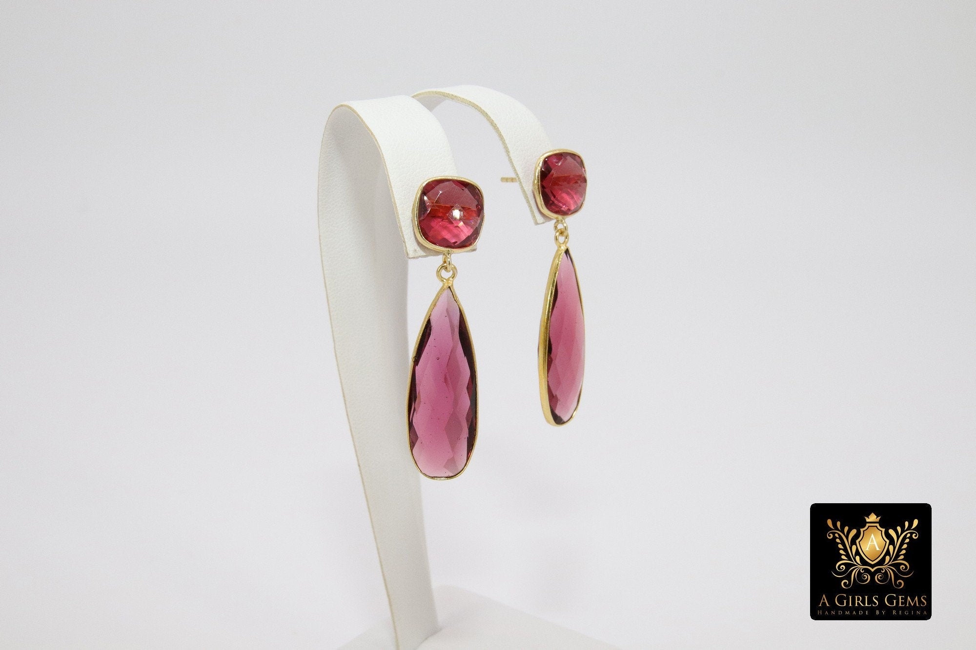 Citrine Stud Earrings, Gold, 925 Long Pink Tourmaline and Lemon Quartz Teardrop Gemstone Women's Jewelry - A Girls Gems