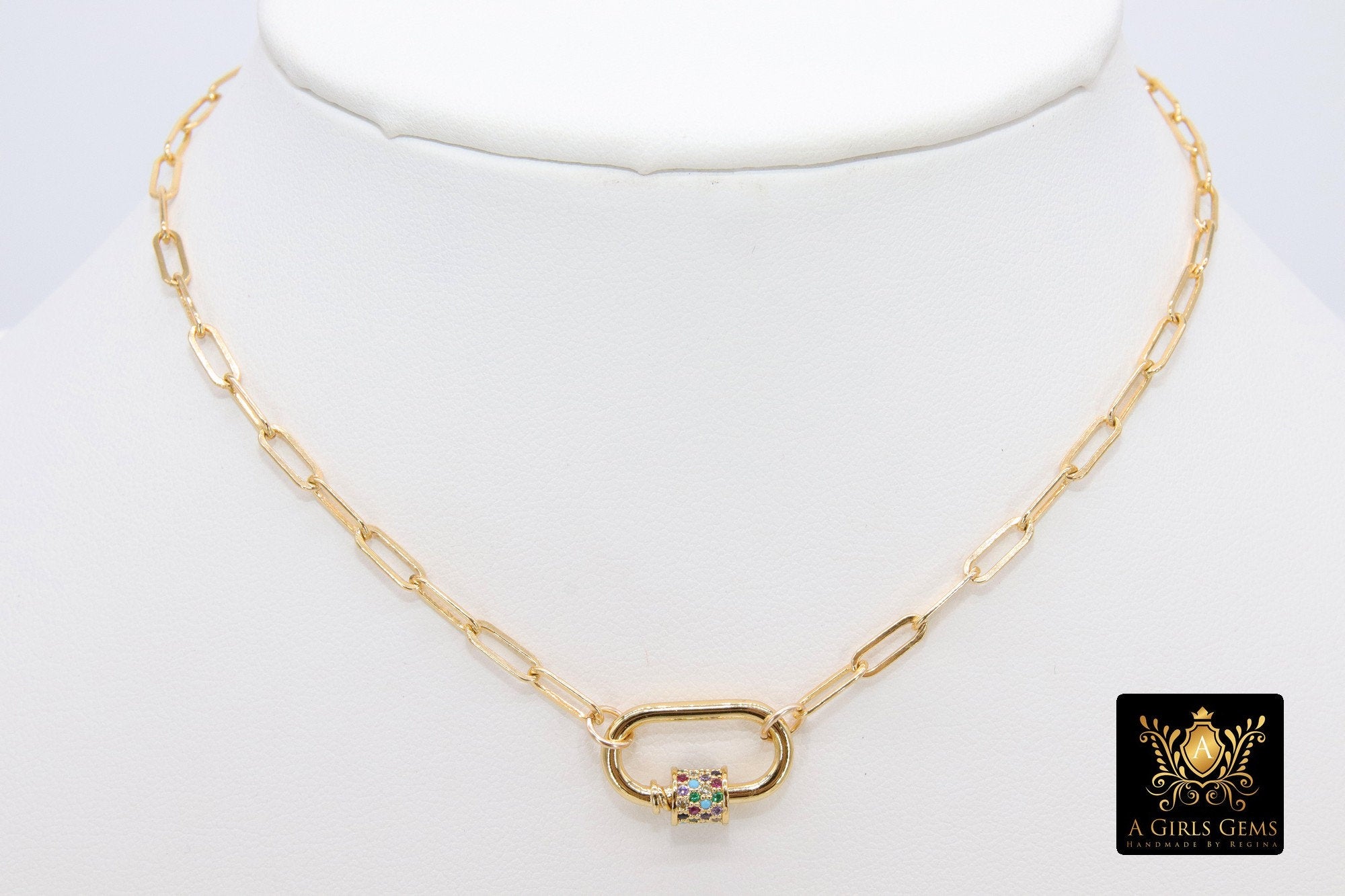 Gold Chain Necklace, 14 K Gold Paperclip Choker, CZ Mini Screw Oval Rainbow Clasp - A Girls Gems