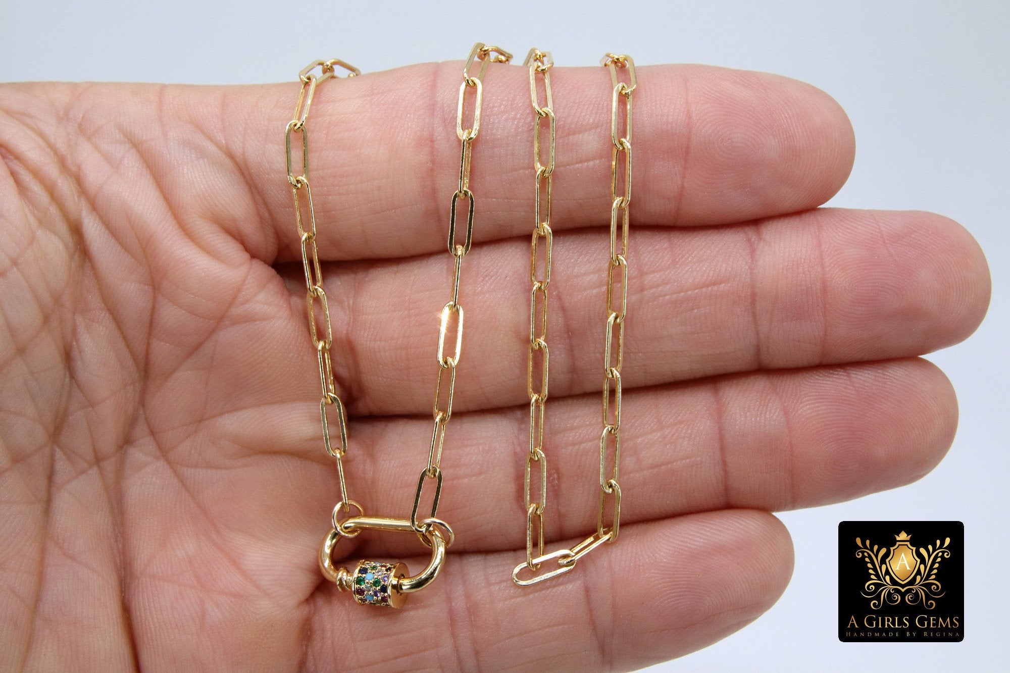 Gold Chain Necklace, 14 K Gold Paperclip Choker, CZ Mini Screw Oval Rainbow Clasp - A Girls Gems