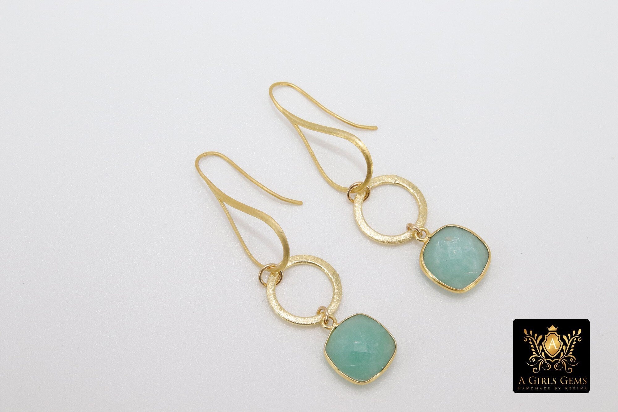 Blue Amazonite Earrings, Long Gemstone Earrings, Gold Dangle Ear Wire Hooks