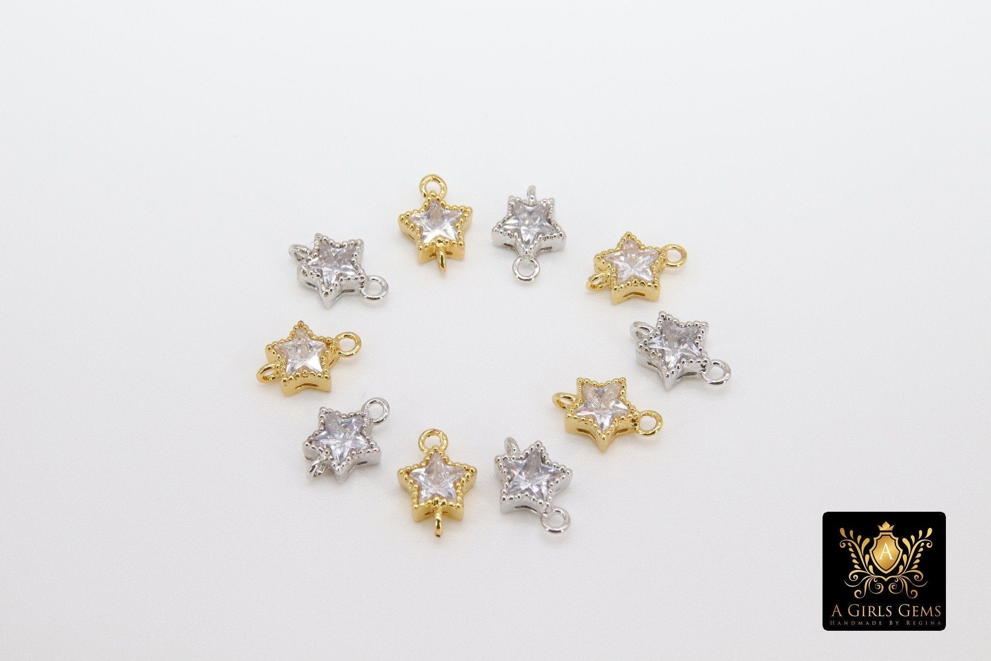 CZ Star Connectors, 3 Pcs Tiny Starburst Shape #529, Lariat Drop Center and Mini Star Charms