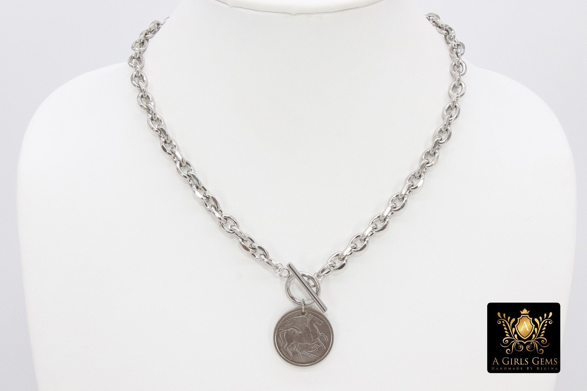 Silver Coin Necklace, Tangaroa God, Toggle Wrap Large Cable Chain, Cook Island Tiki Coin, Queen Elizabeth - A Girls Gems