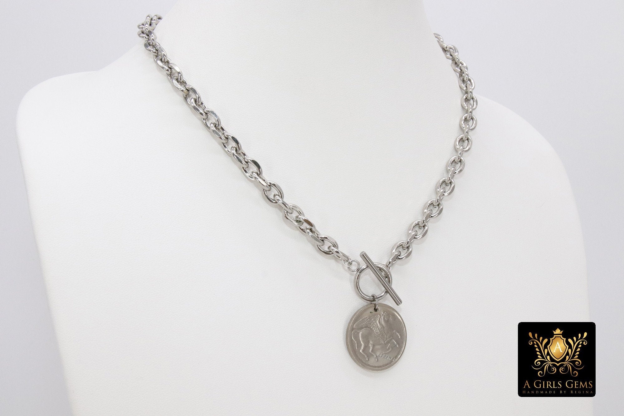 Greek Athena God Silver Coin Necklace, Silver Phoenix Toggle Wrap Necklace, Chunky Cable Chain - A Girls Gems