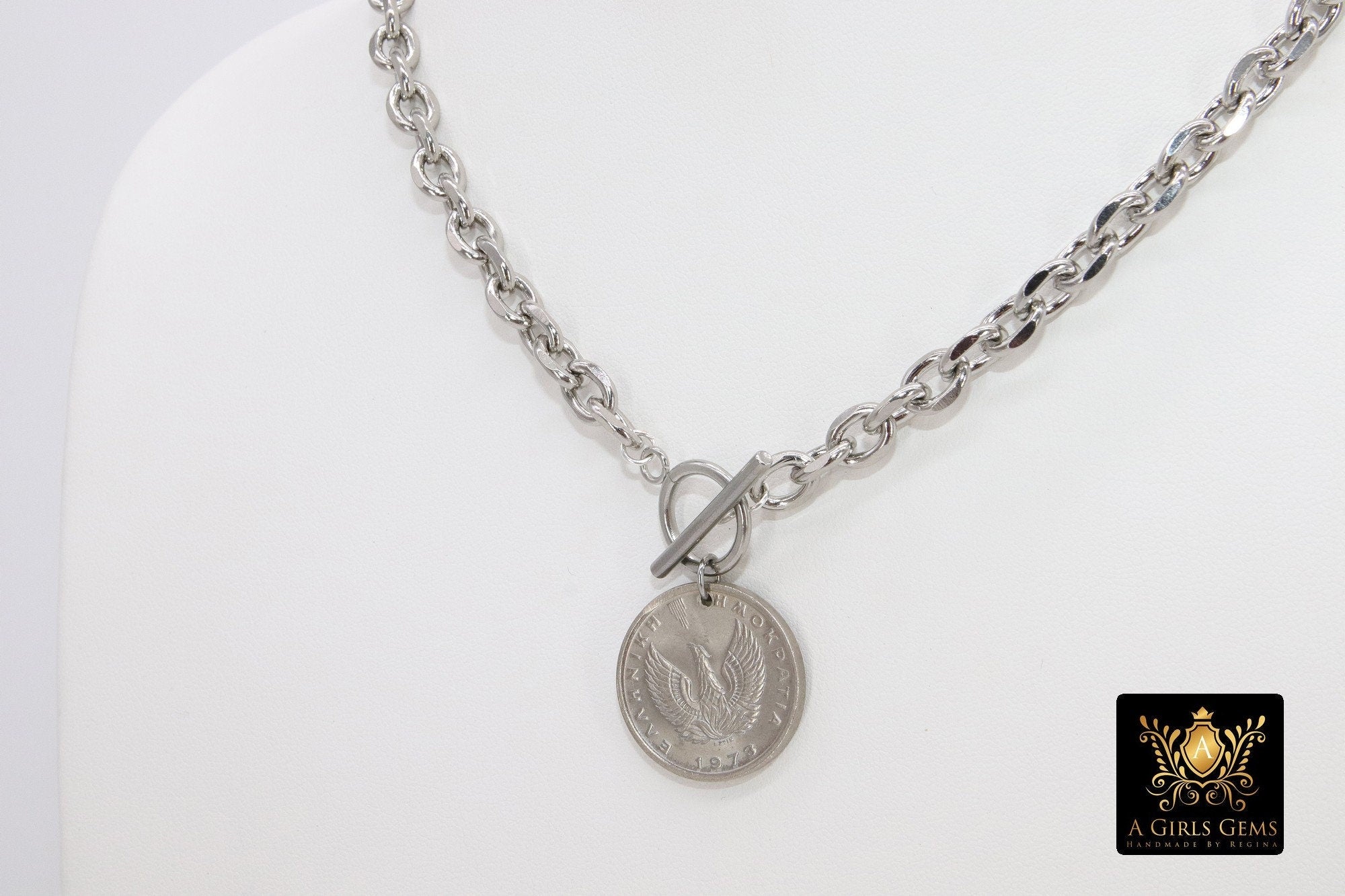Silver Coin Necklace, Silver Medallion Toggle Wrap Necklace, Chunky Chain, Pegasus Greek Coin