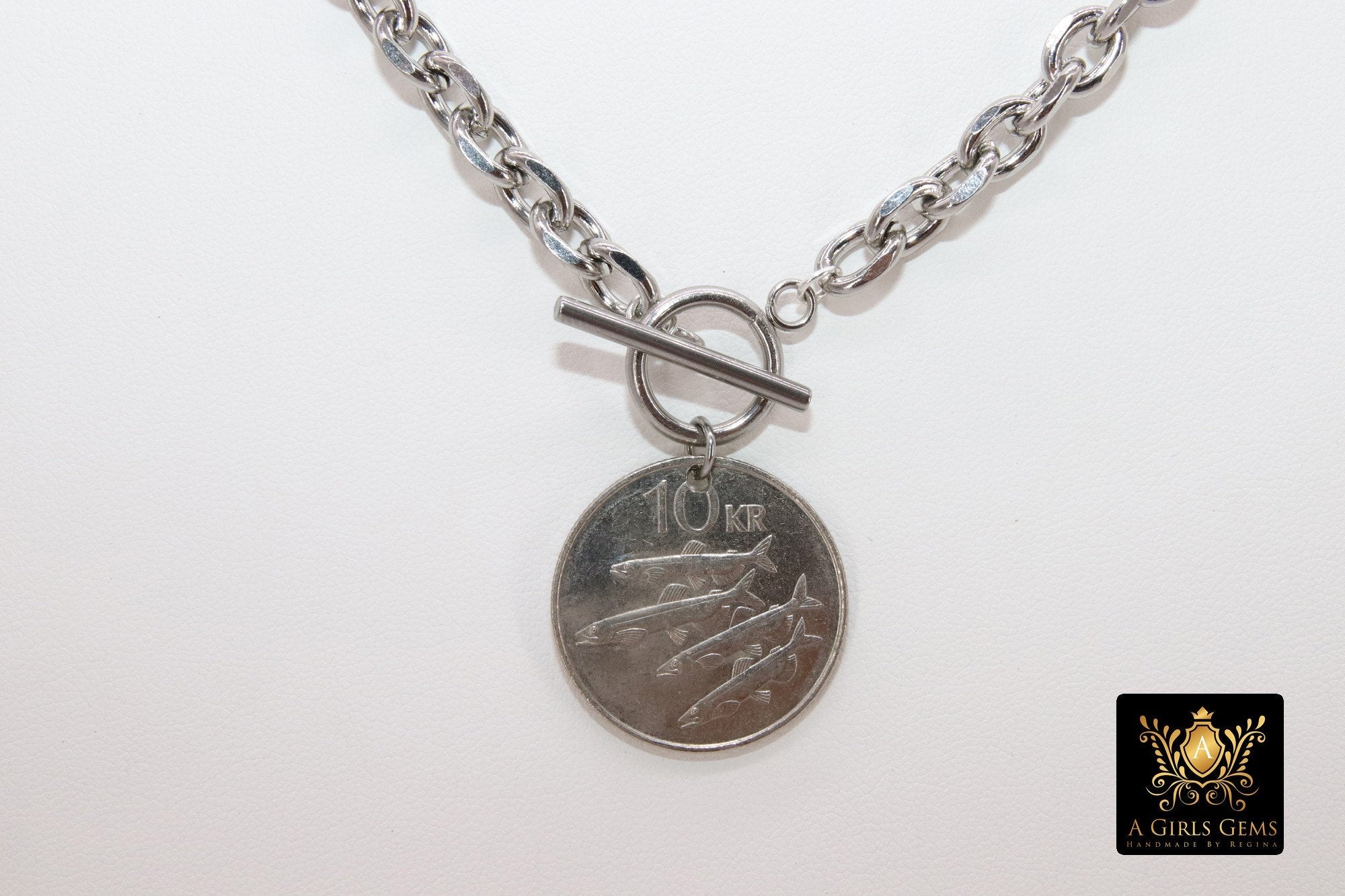 Silver Coin Necklace, Silver Medallion Toggle Wrap Necklace, Heavy Chain, Four Protectors, Fish Coin - A Girls Gems