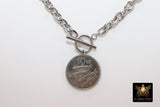 Silver Coin Necklace, Silver Medallion Toggle Wrap Necklace, Heavy Chain, Four Protectors, Fish Coin - A Girls Gems