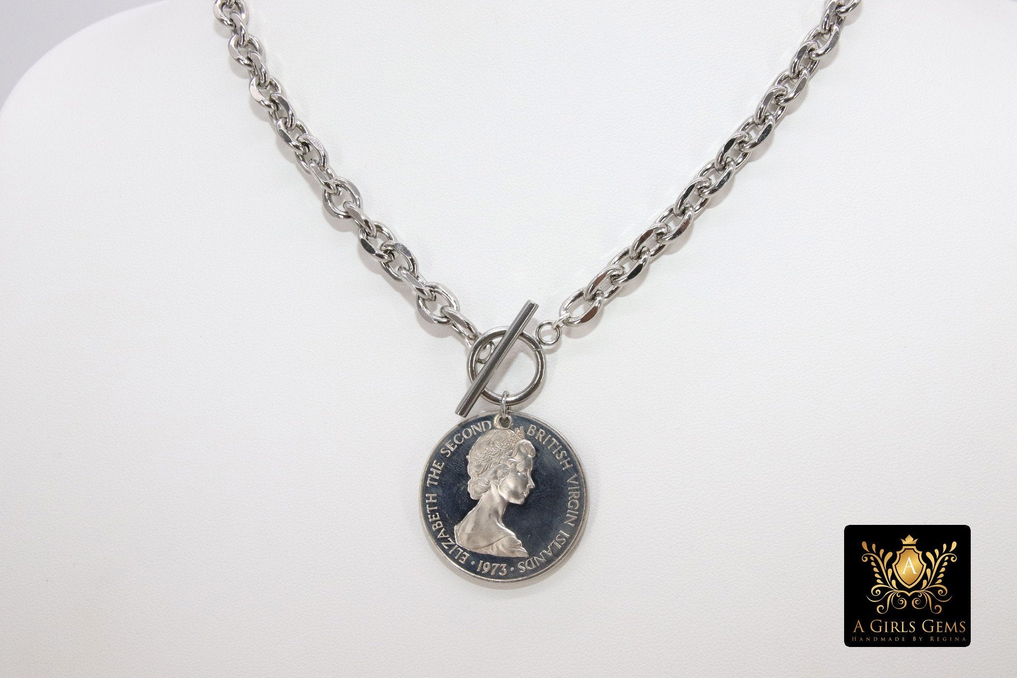 Silver Coin Necklace, Tangaroa God, Toggle Wrap Large Cable Chain, Cook Island Tiki Coin, Queen Elizabeth - A Girls Gems