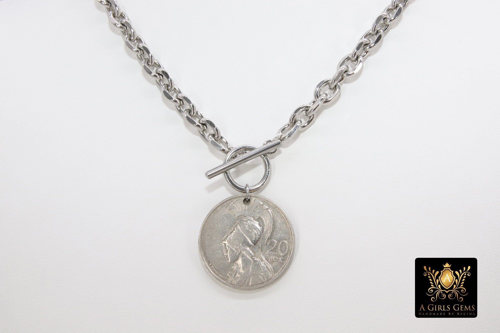 Greek Athena God Silver Coin Necklace, Silver Phoenix Toggle Wrap Necklace, Chunky Cable Chain - A Girls Gems