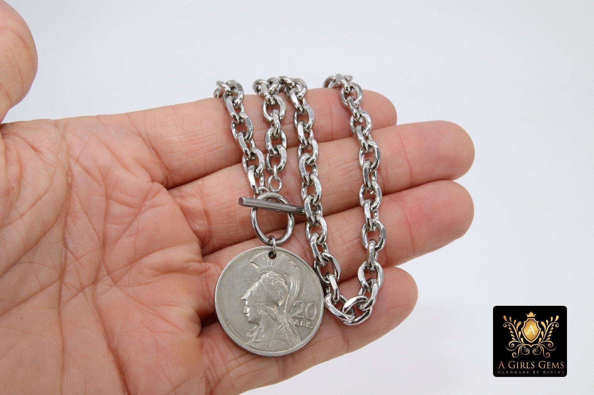 Greek Athena God Silver Coin Necklace, Silver Phoenix Toggle Wrap Necklace, Chunky Cable Chain - A Girls Gems