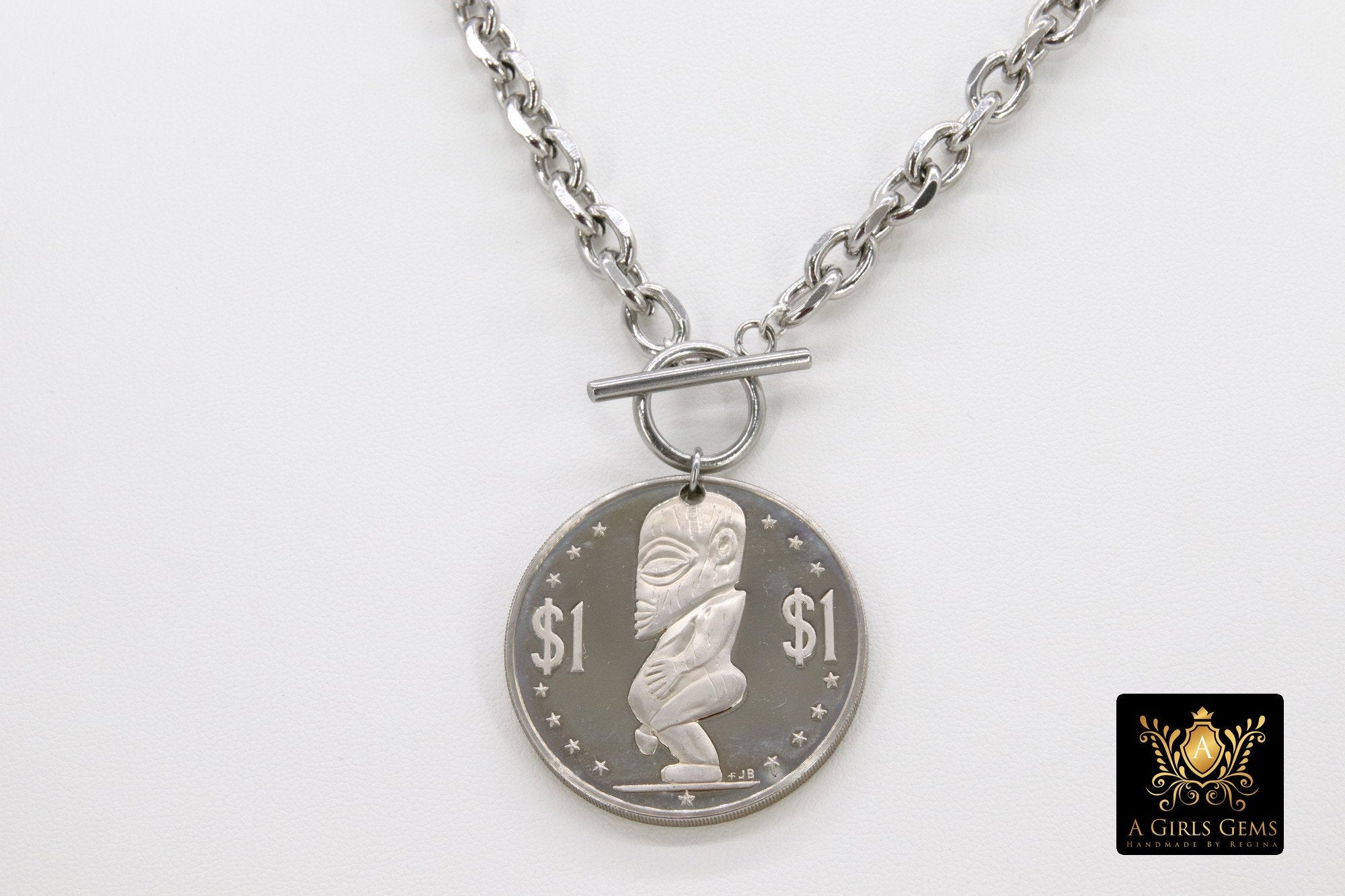 Silver Coin Necklace, Tangaroa God, Toggle Wrap Large Cable Chain, Cook Island Tiki Coin, Queen Elizabeth - A Girls Gems