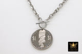 Silver Coin Necklace, Tangaroa God, Toggle Wrap Large Cable Chain, Cook Island Tiki Coin, Queen Elizabeth - A Girls Gems
