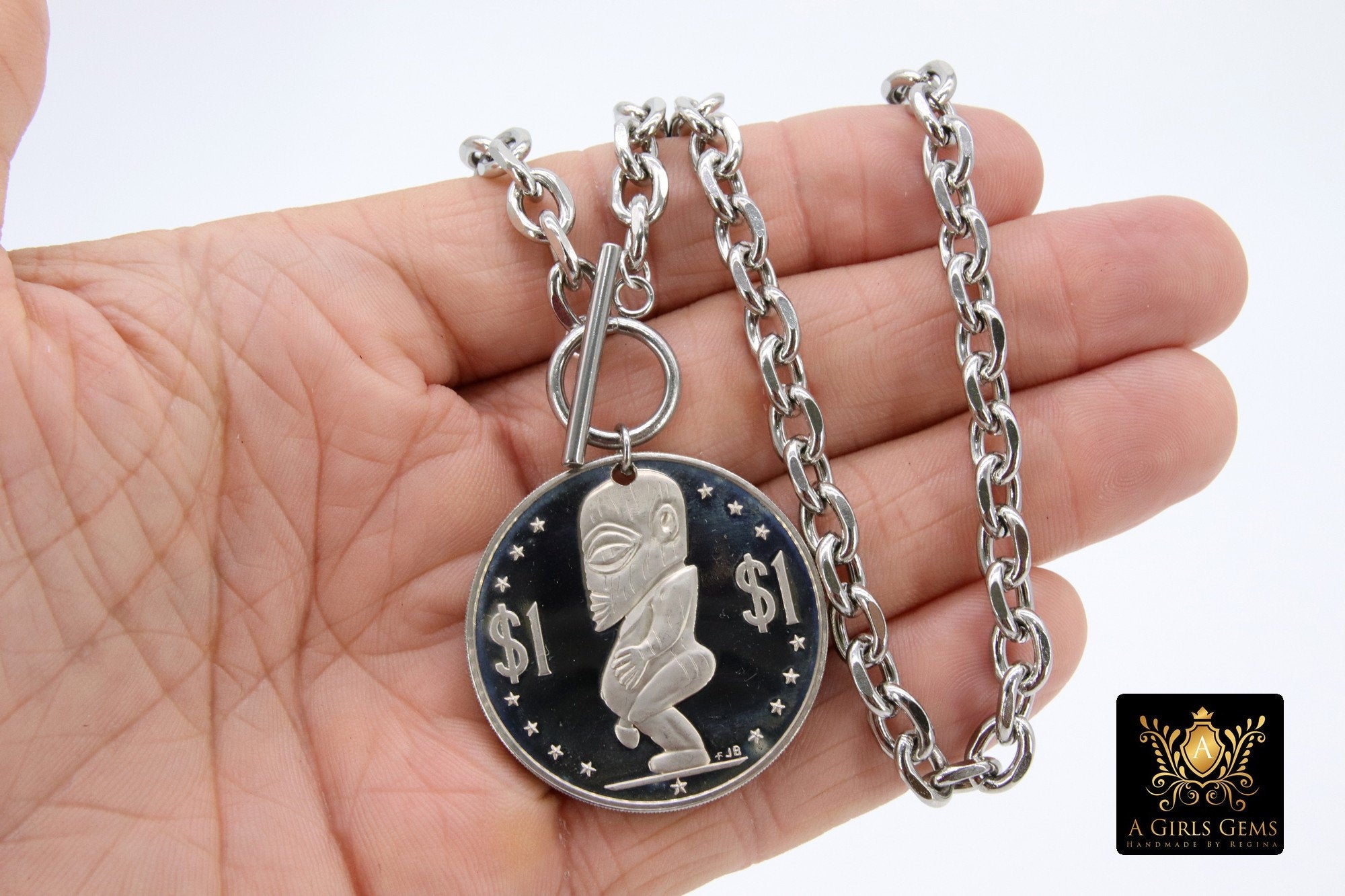 Silver Coin Necklace, Tangaroa God, Toggle Wrap Large Cable Chain, Cook Island Tiki Coin, Queen Elizabeth - A Girls Gems