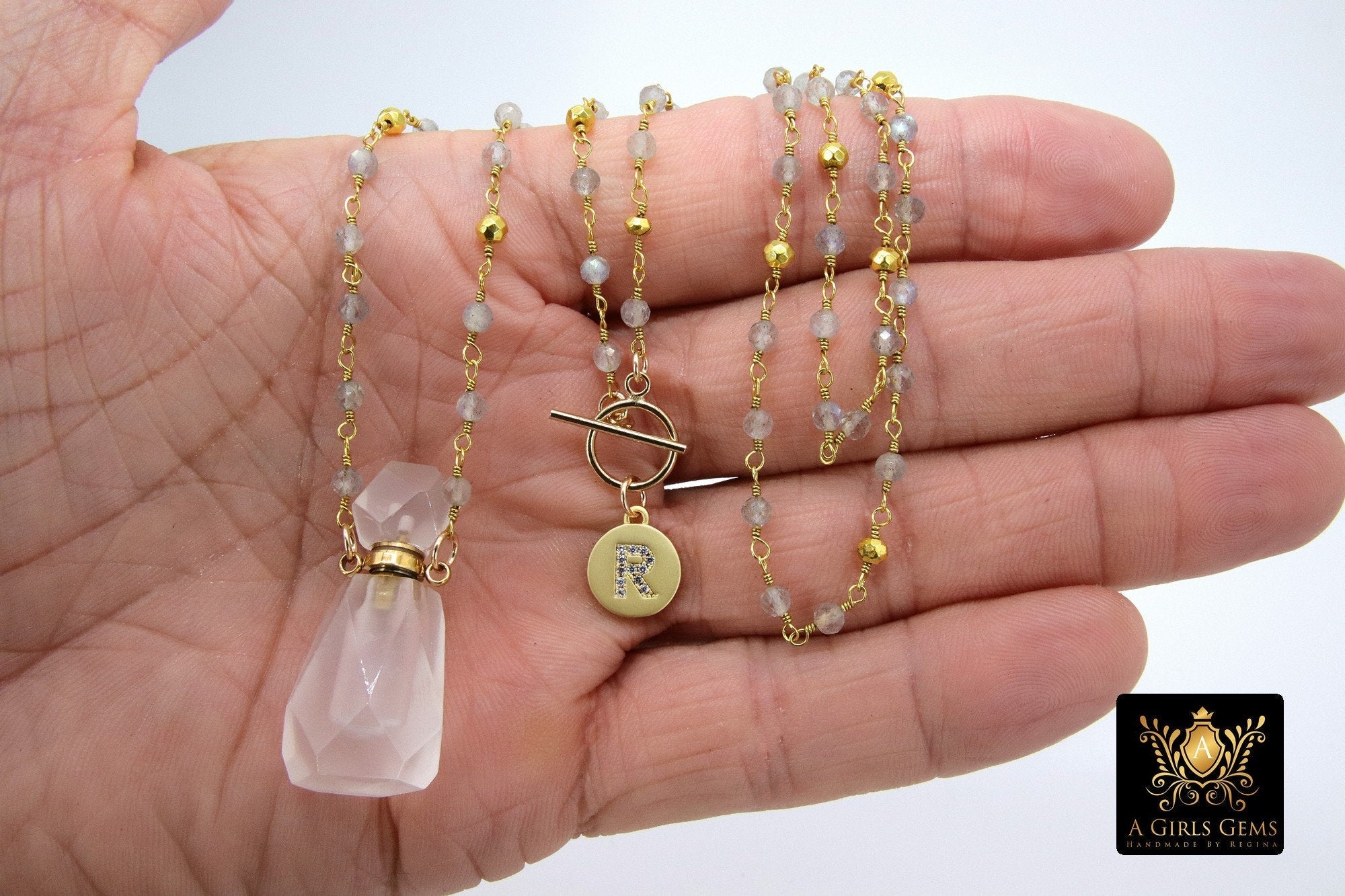 Initial Rosary Chain Necklace, 14 K Gold Toggle Wrap - A Girls Gems