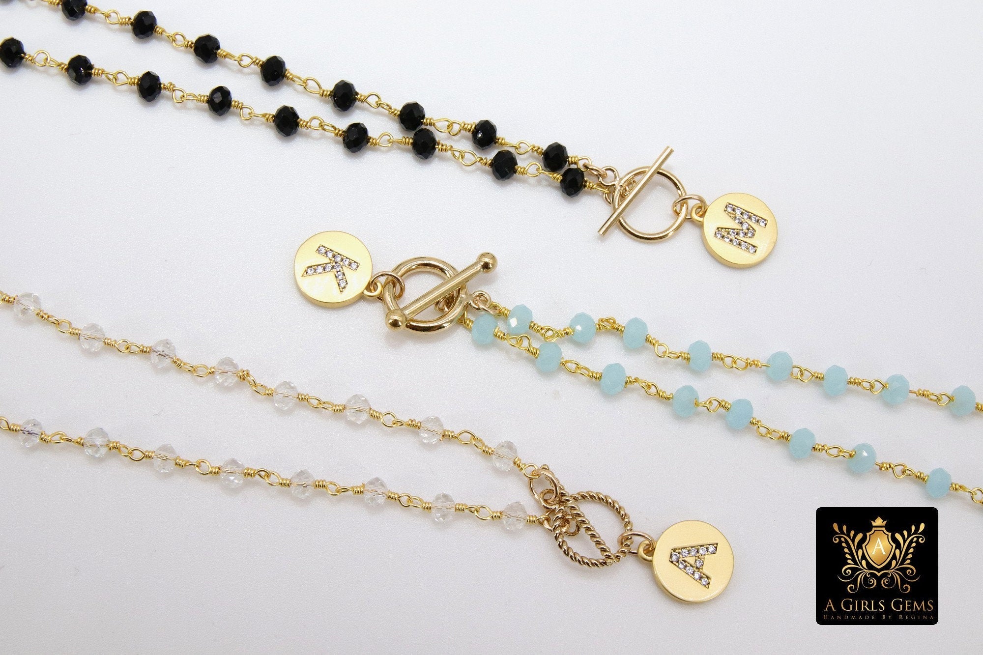 Initial Chain Bracelet, 14 K Gold Toggle Bar Double Wrap Gold Coin Round Letters - A Girls Gems