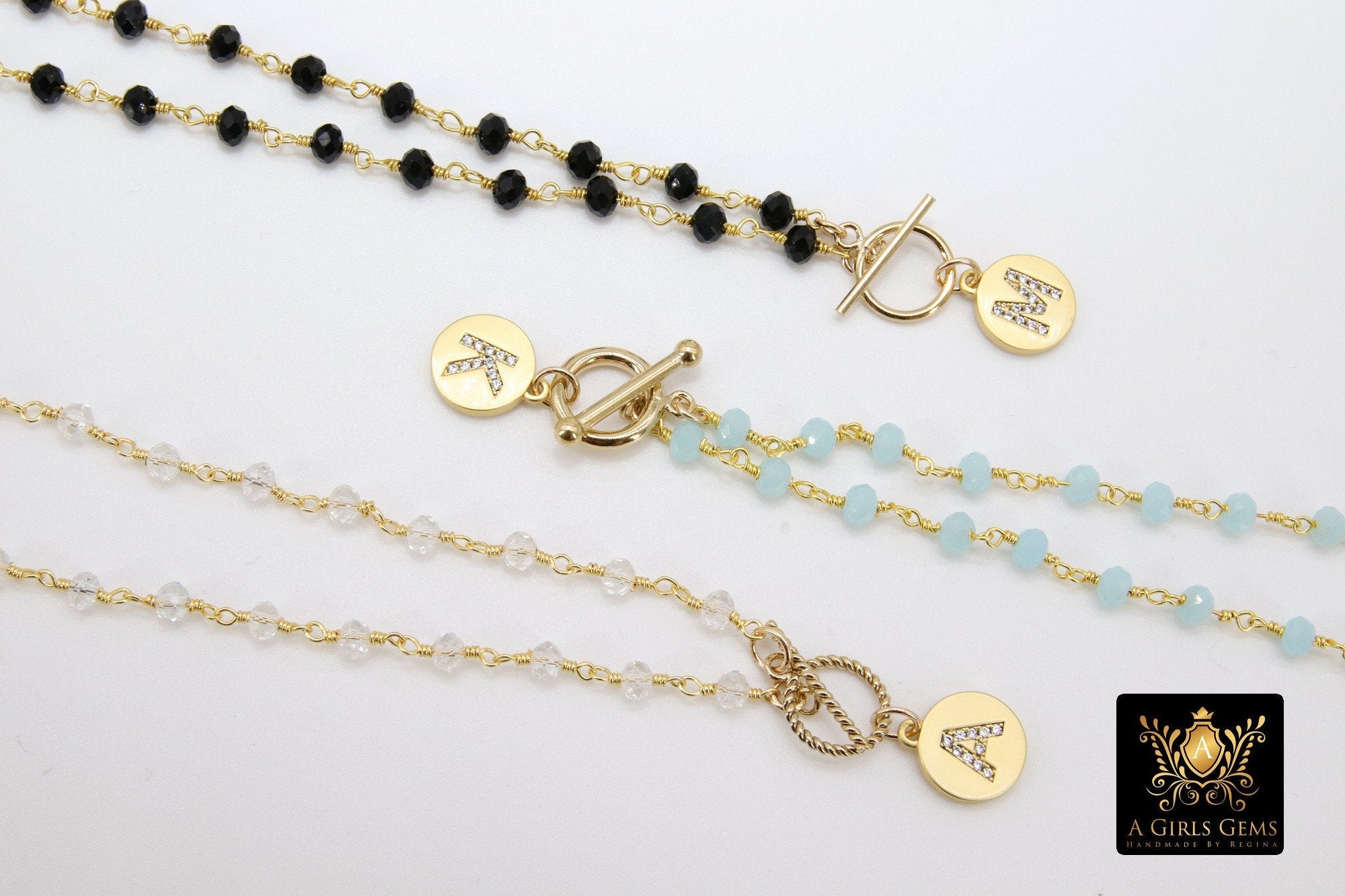 Initial Chain Bracelet, 14 K Gold Toggle Bar Double Wrap Gold Coin Round Letters - A Girls Gems