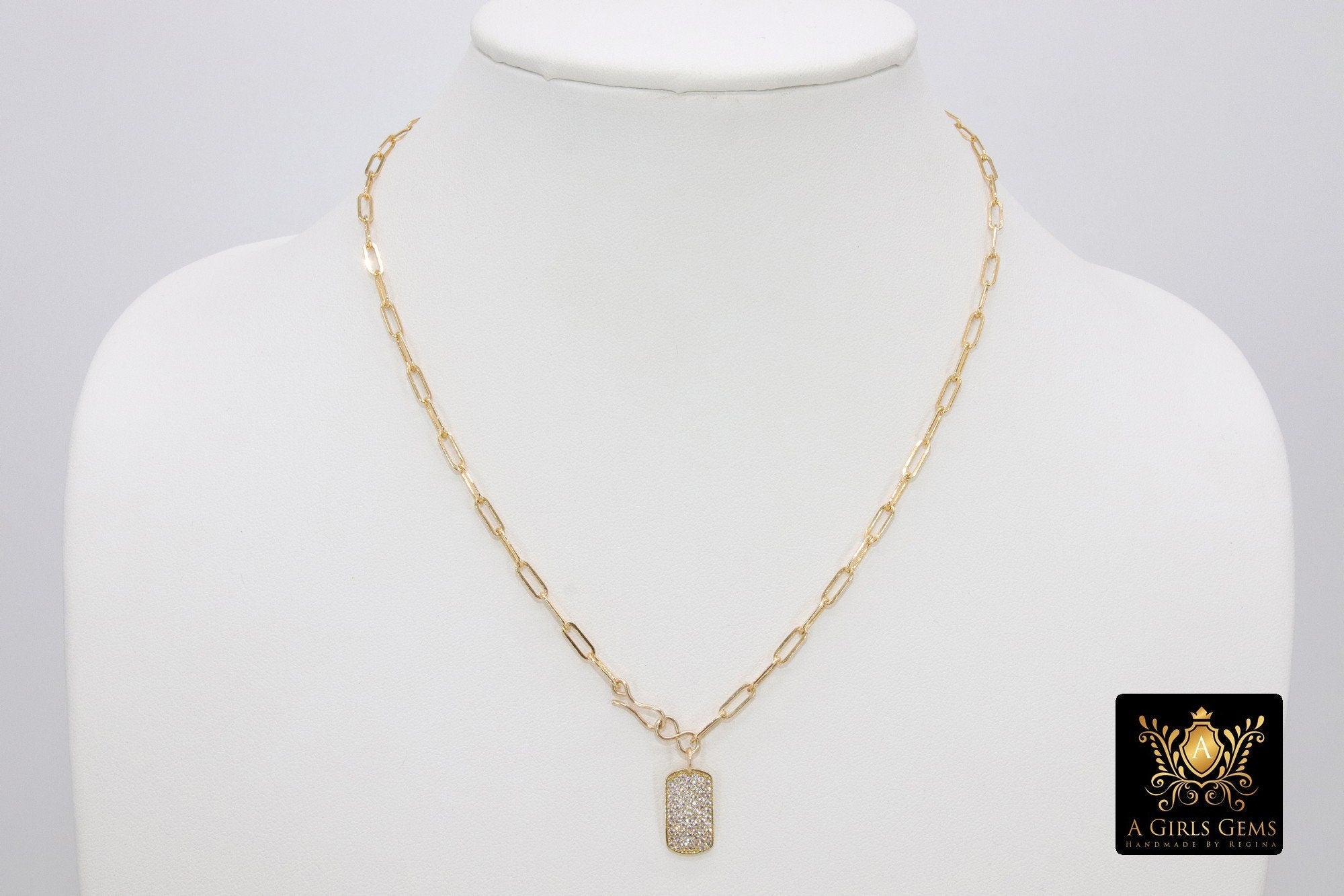 Gold Chain Necklace, 14 K Gold Paperclip Choker, Mini Dog Tag Charm, Oval Link Chain - A Girls Gems