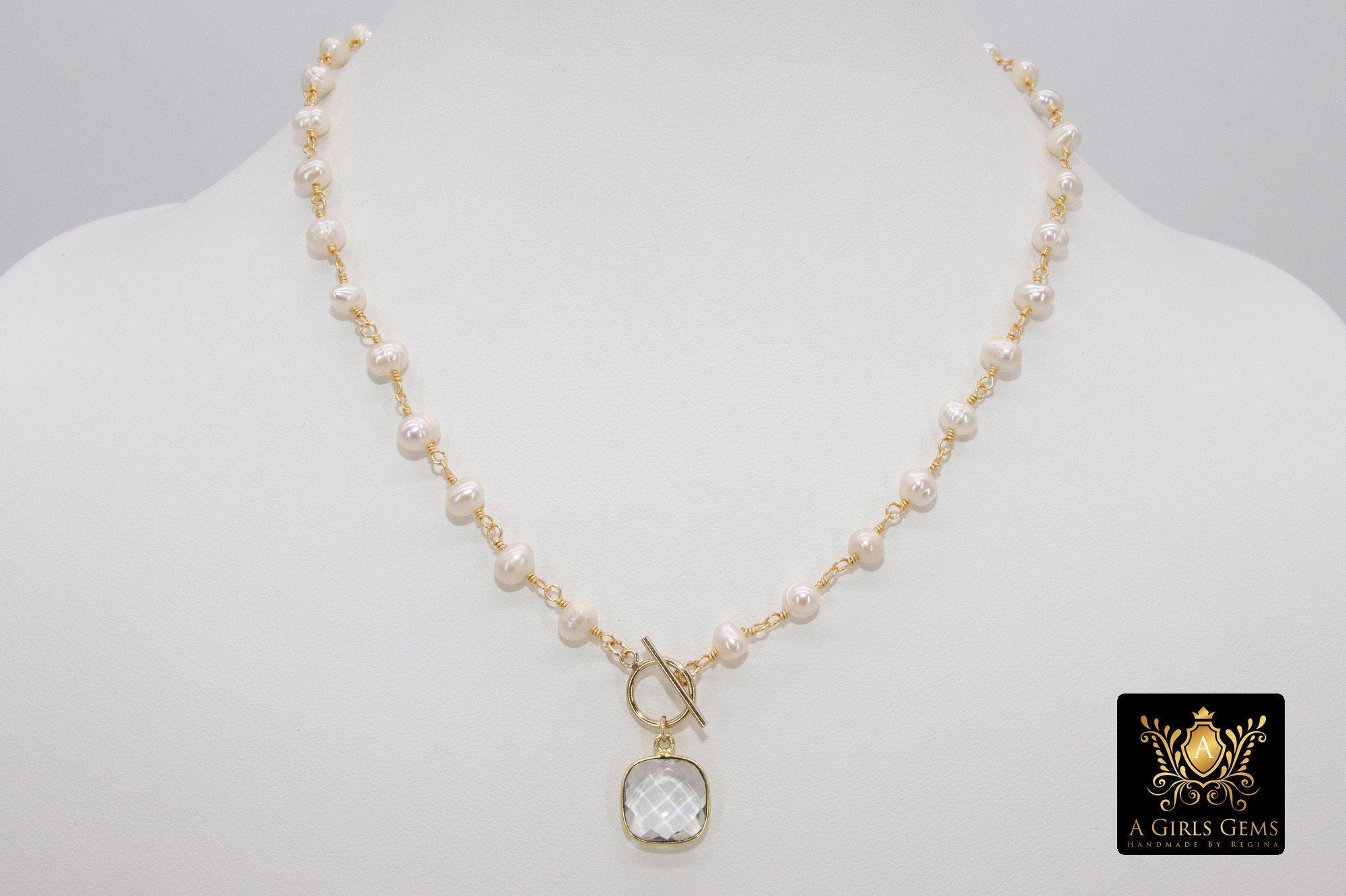 Freshwater Pearl Rosary Chain Necklace, 14 K Gold Toggle Bar 6 mm Pearl Choker - A Girls Gems