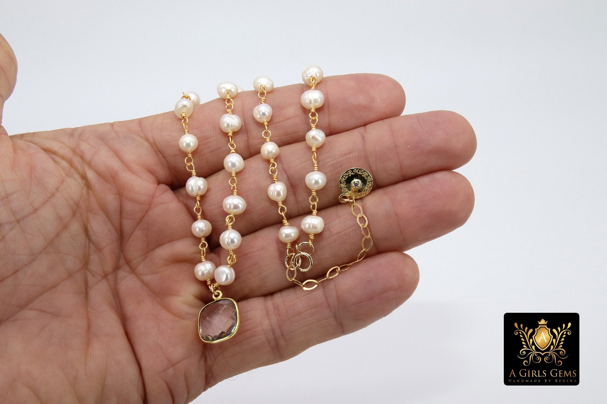 Freshwater Pearl Rosary Chain Necklace, 14 K Gold Toggle Bar 6 mm Pearl Choker - A Girls Gems