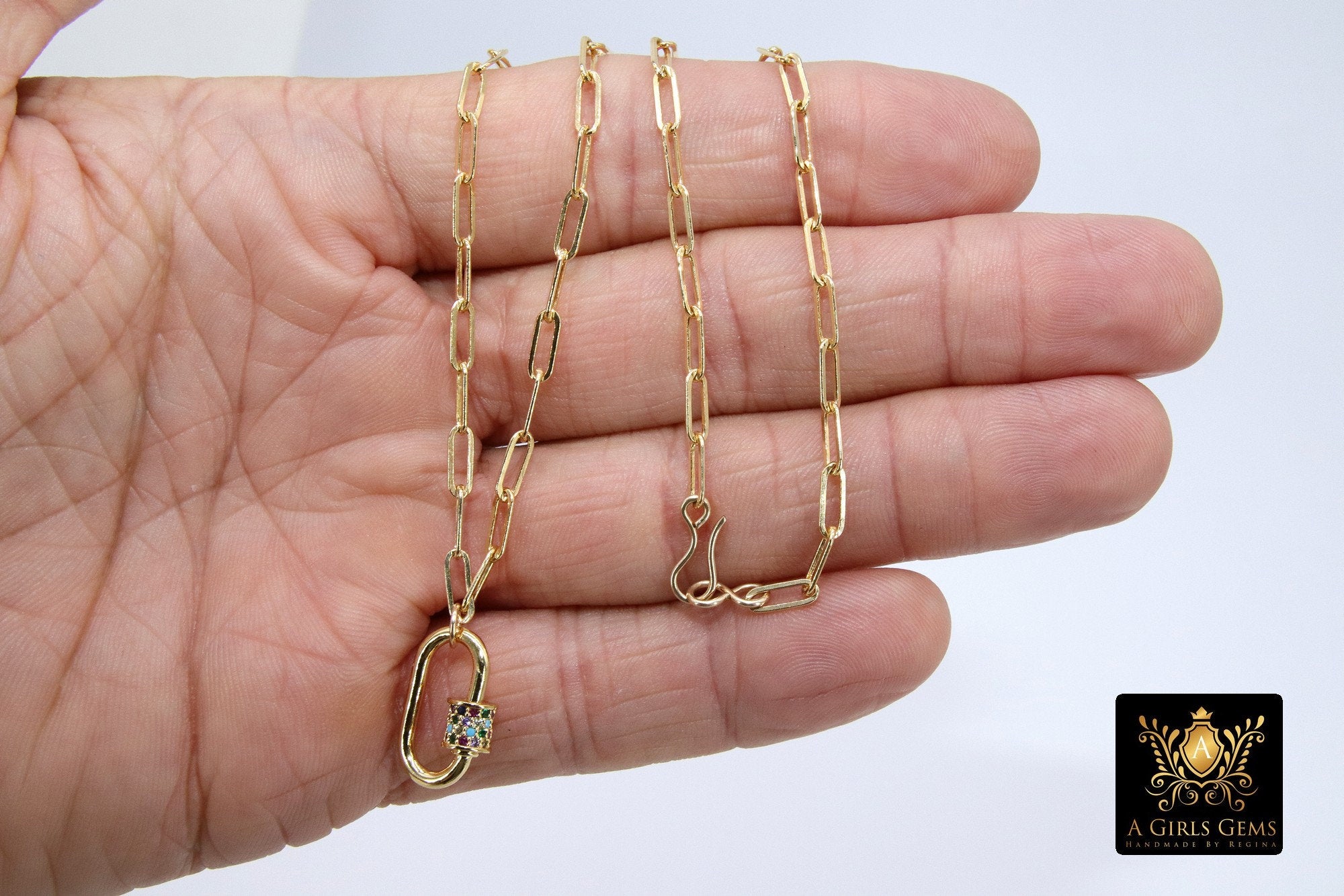 Gold Chain Necklace, 14 K Gold Paperclip Choker, CZ Mini Screw Oval Rainbow Clasp - A Girls Gems