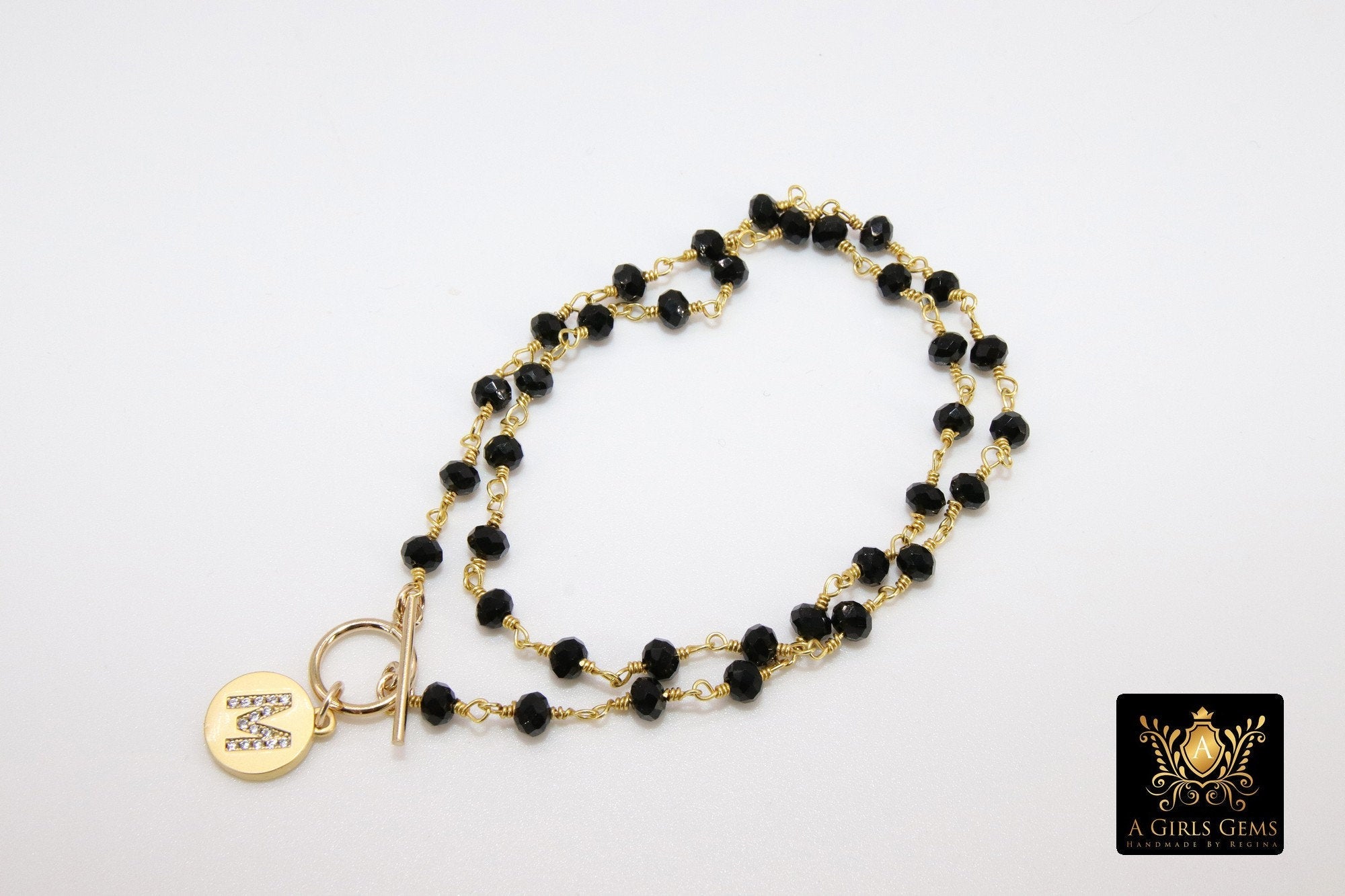 Initial Chain Bracelet, 14 K Gold Toggle Bar Double Wrap Gold Coin Round Letters - A Girls Gems