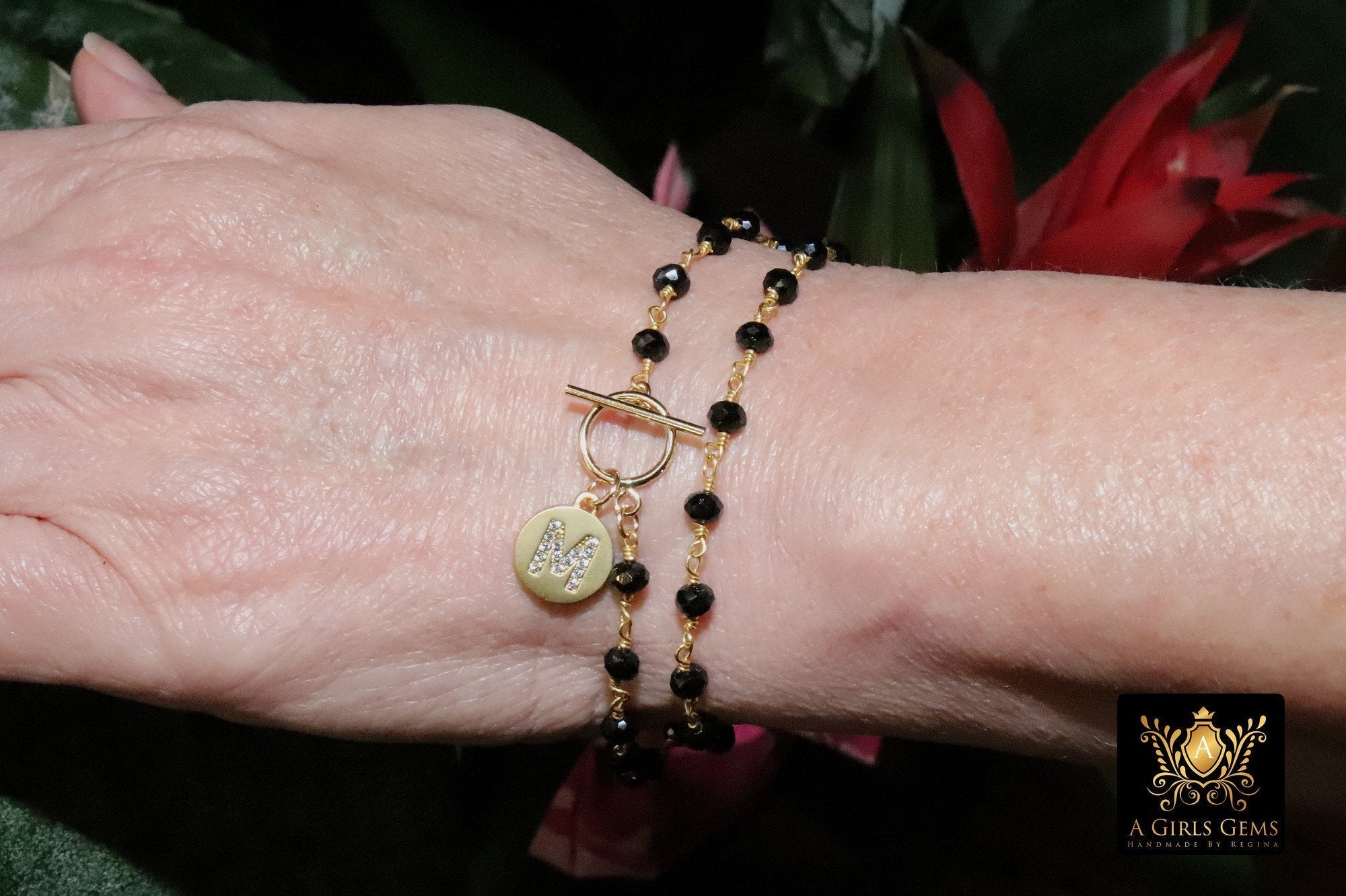 Initial Chain Bracelet, 14 K Gold Toggle Bar Double Wrap Gold Coin Round Letters - A Girls Gems