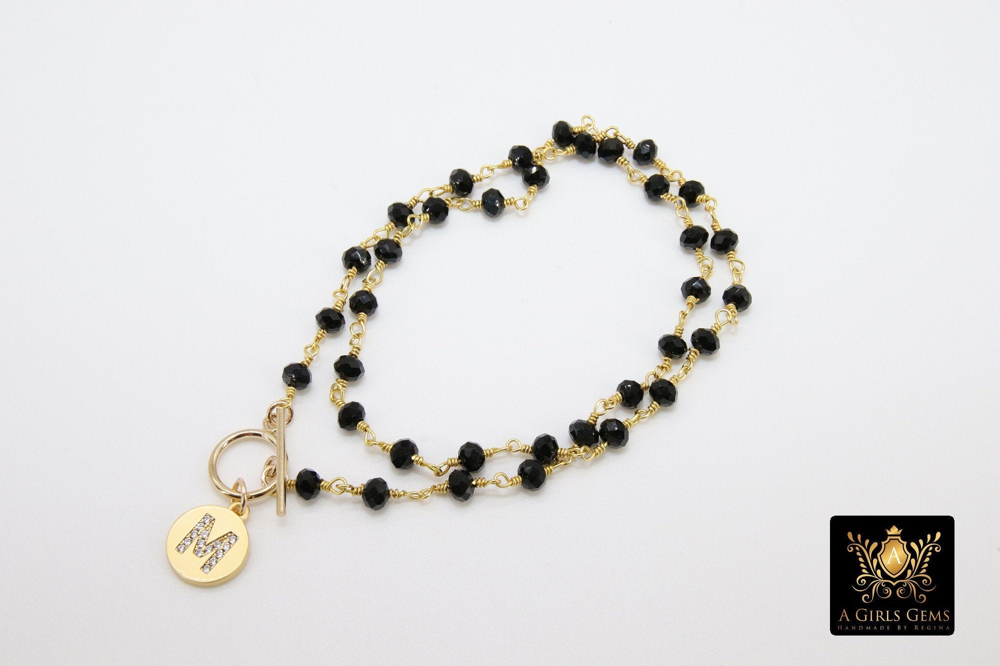 Initial Chain Bracelet, 14 K Gold Toggle Bar Double Wrap Gold Coin Round Letters - A Girls Gems