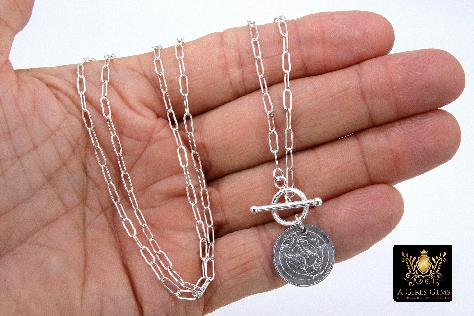 Coin Necklace, 925 Sterling Silver Oval Chain - A Girls Gems