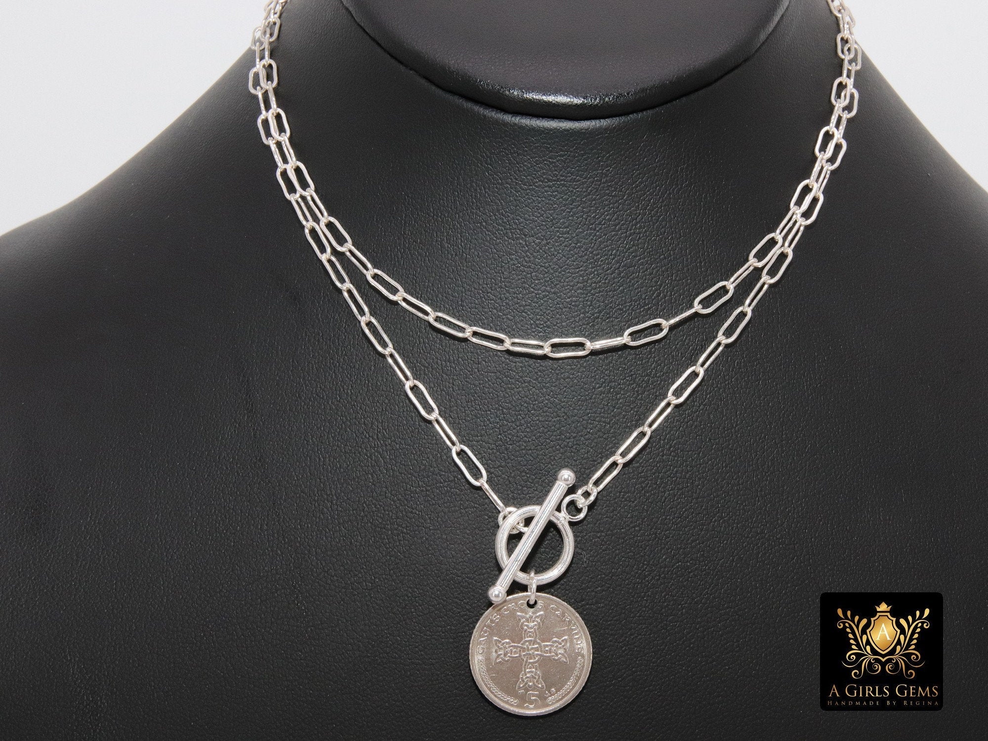 Coin Necklace, 925 Sterling Silver Oval Chain - A Girls Gems