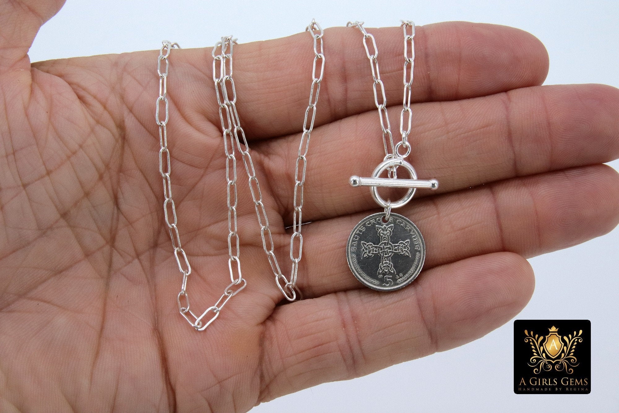 Coin Necklace, 925 Sterling Silver Oval Chain - A Girls Gems