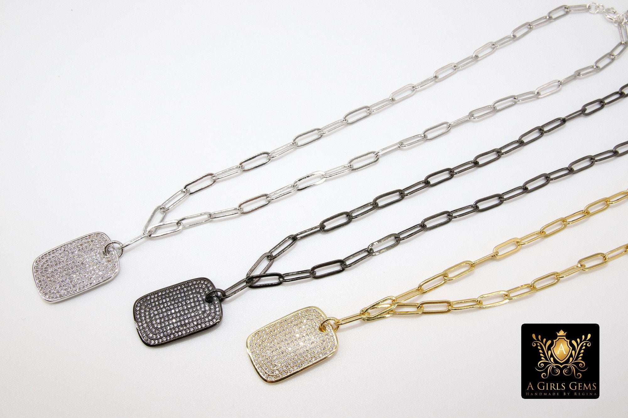 Dog Tag Necklace, CZ Silver Rectangle Pendants - A Girls Gems