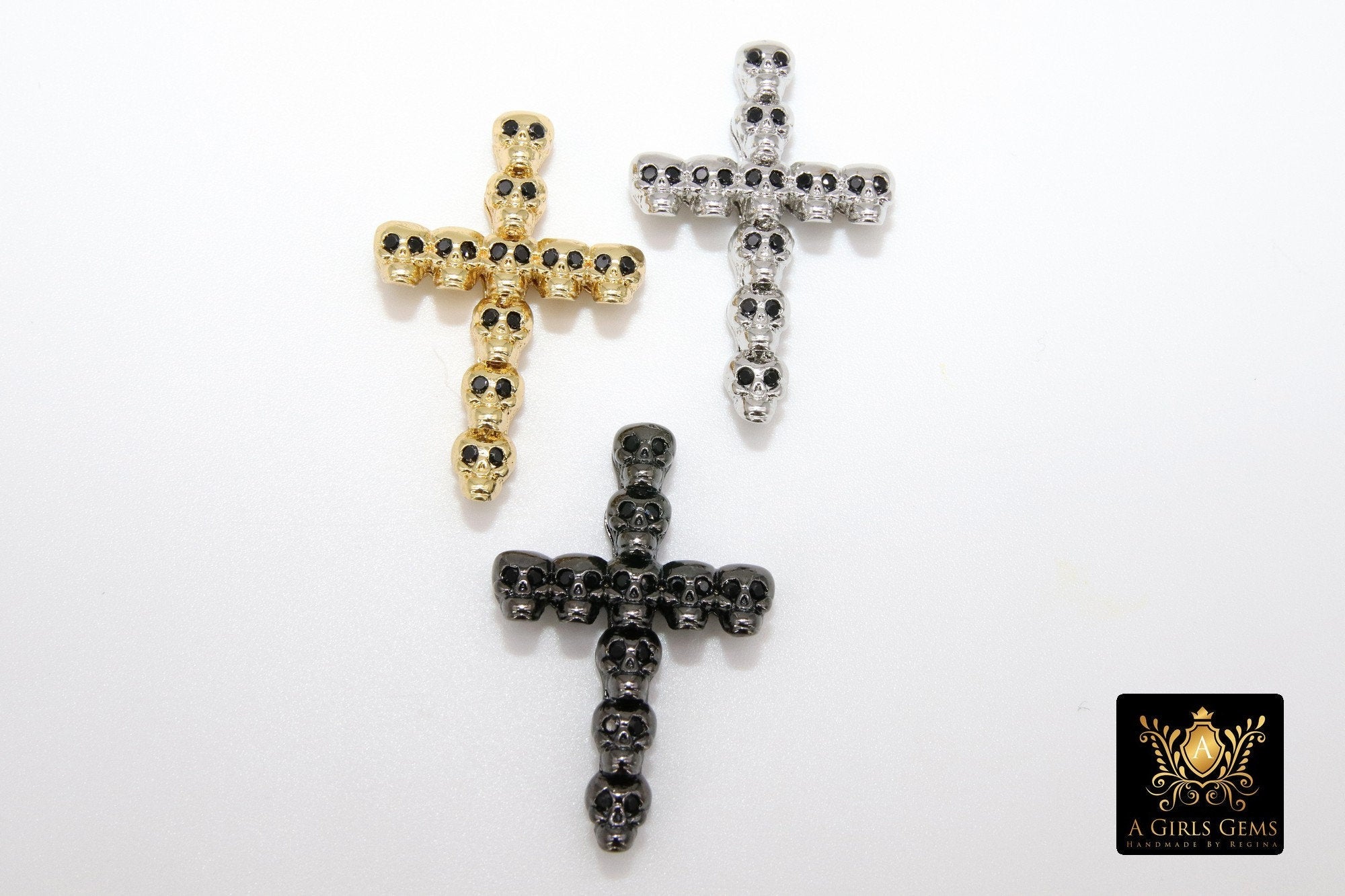 CZ Pave Skull Head Cross Charms, Gold, Black, Silver Necklace Skeleton Beads, Men's Jewelry #331 - A Girls Gems
