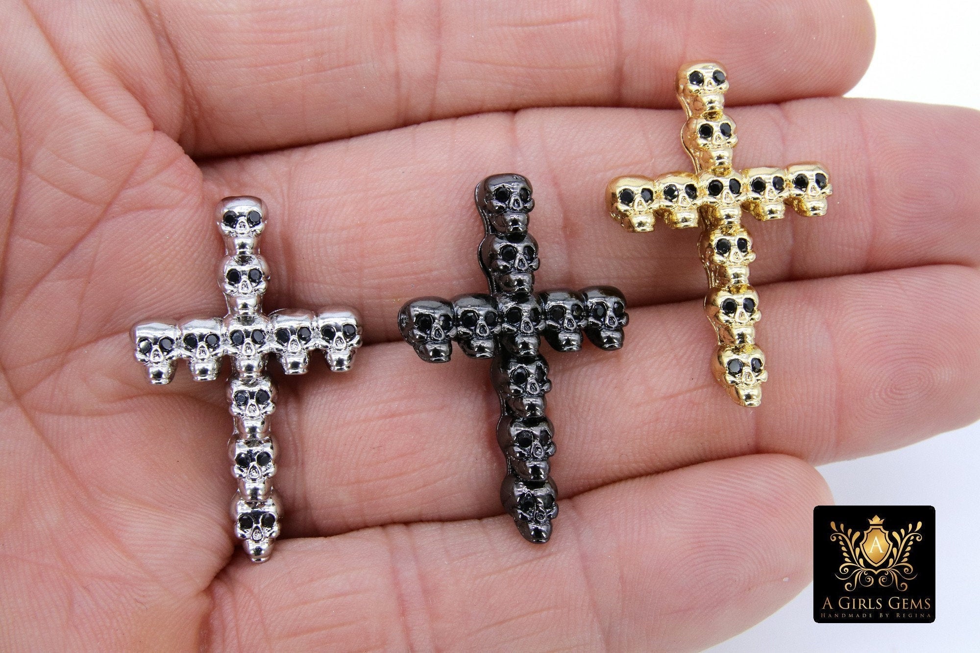 CZ Pave Skull Head Cross Charms, Gold, Black, Silver Necklace Skeleton Beads, Men's Jewelry #331 - A Girls Gems