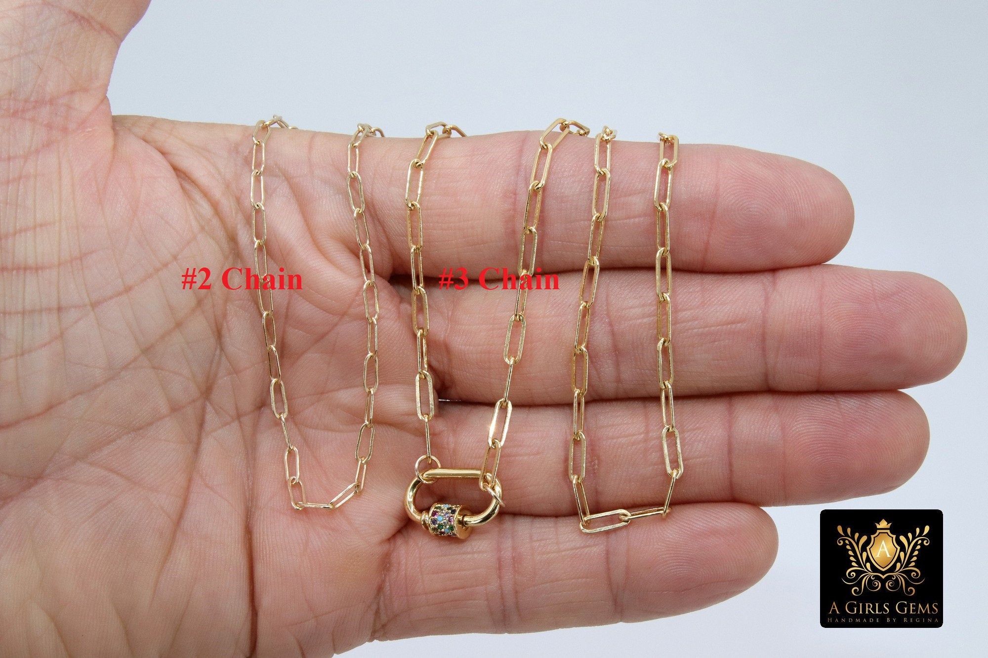 Gold Chain Necklace, 14 K Gold Paperclip Choker, CZ Mini Screw Oval Rainbow Clasp - A Girls Gems