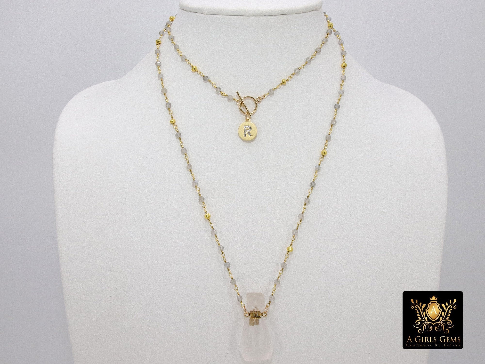 Initial Rosary Chain Necklace, 14 K Gold Toggle Wrap - A Girls Gems