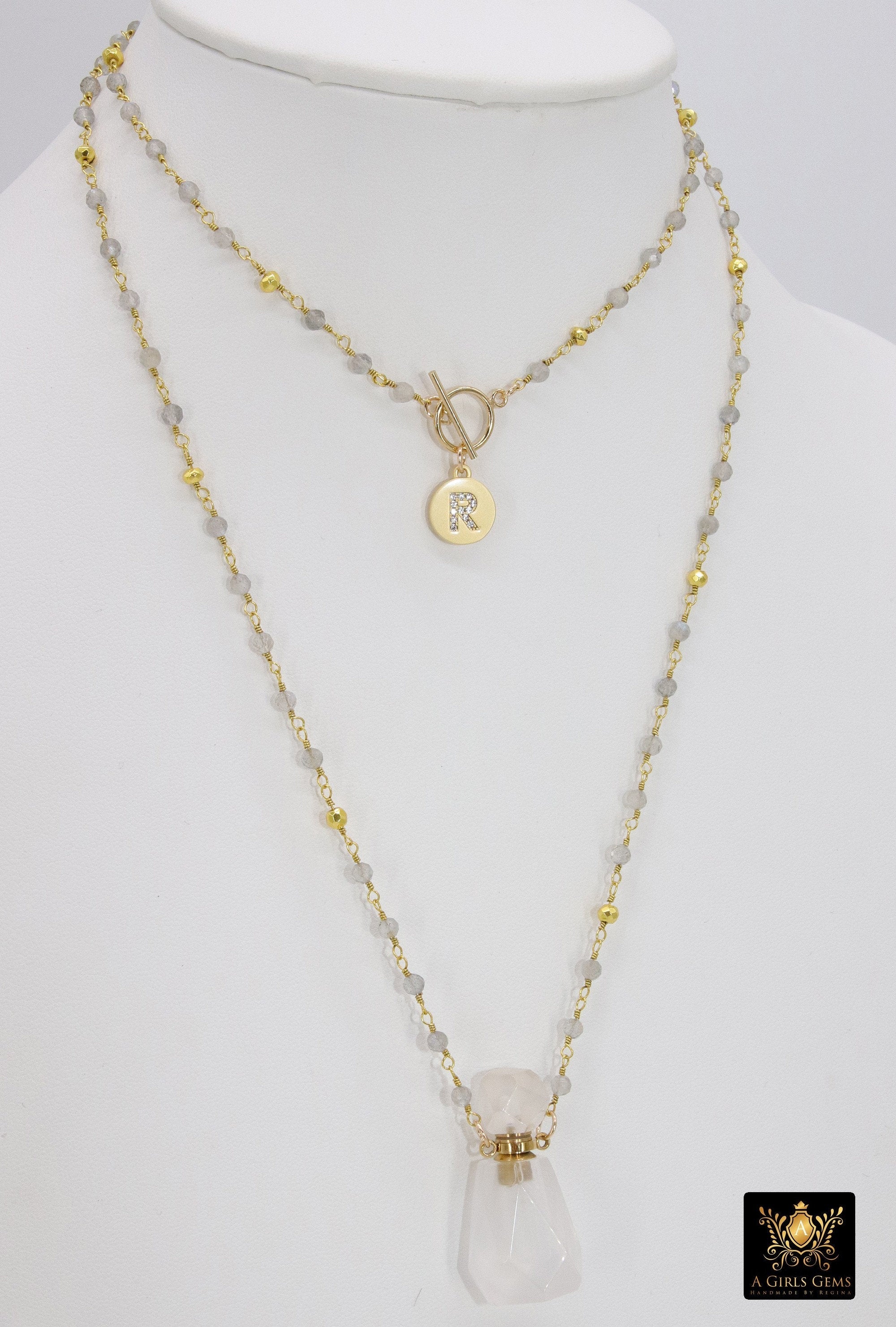 Initial Rosary Chain Necklace, 14 K Gold Toggle Wrap - A Girls Gems