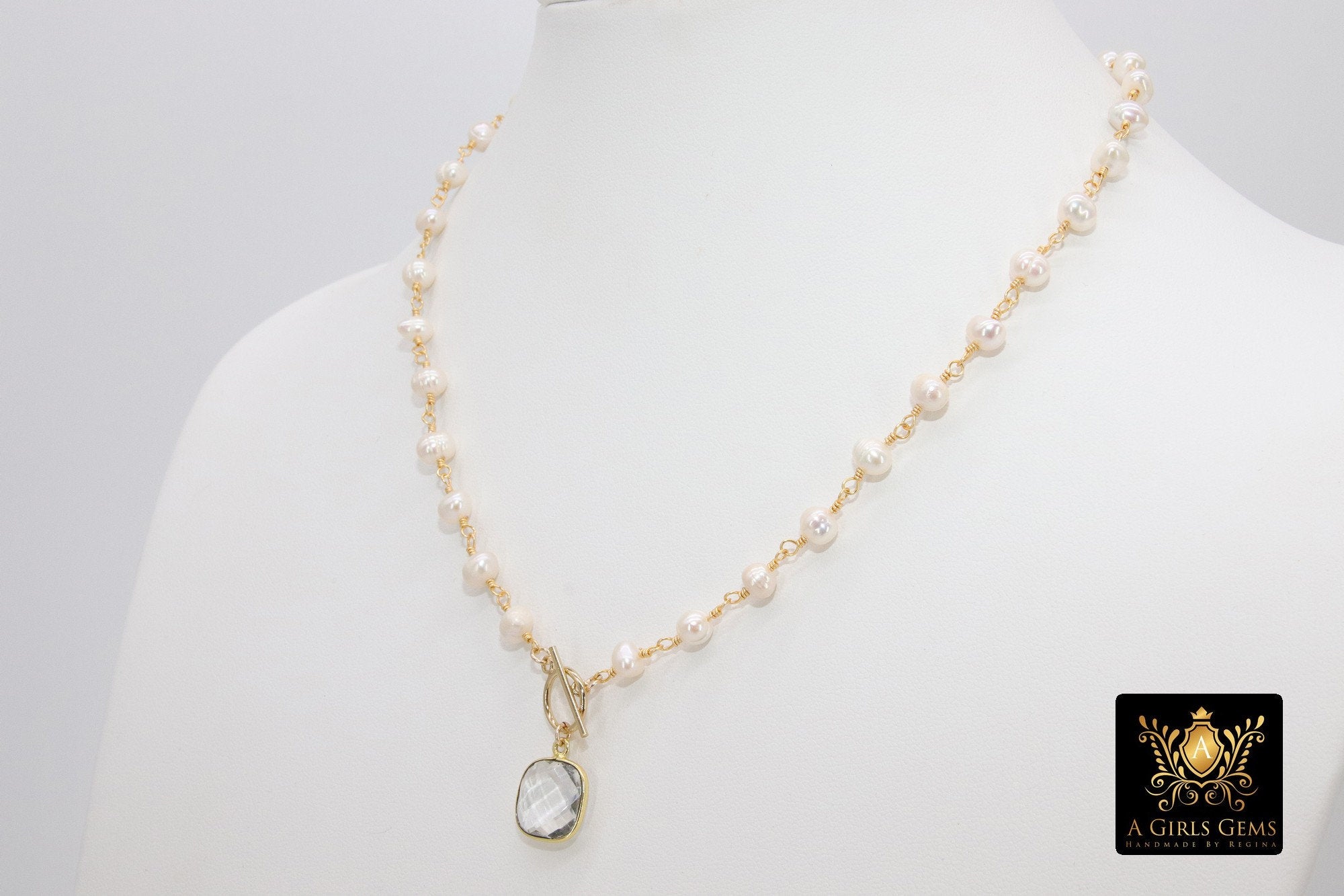 Freshwater Pearl Rosary Chain Necklace, 14 K Gold Toggle Bar 6 mm Pearl Choker - A Girls Gems