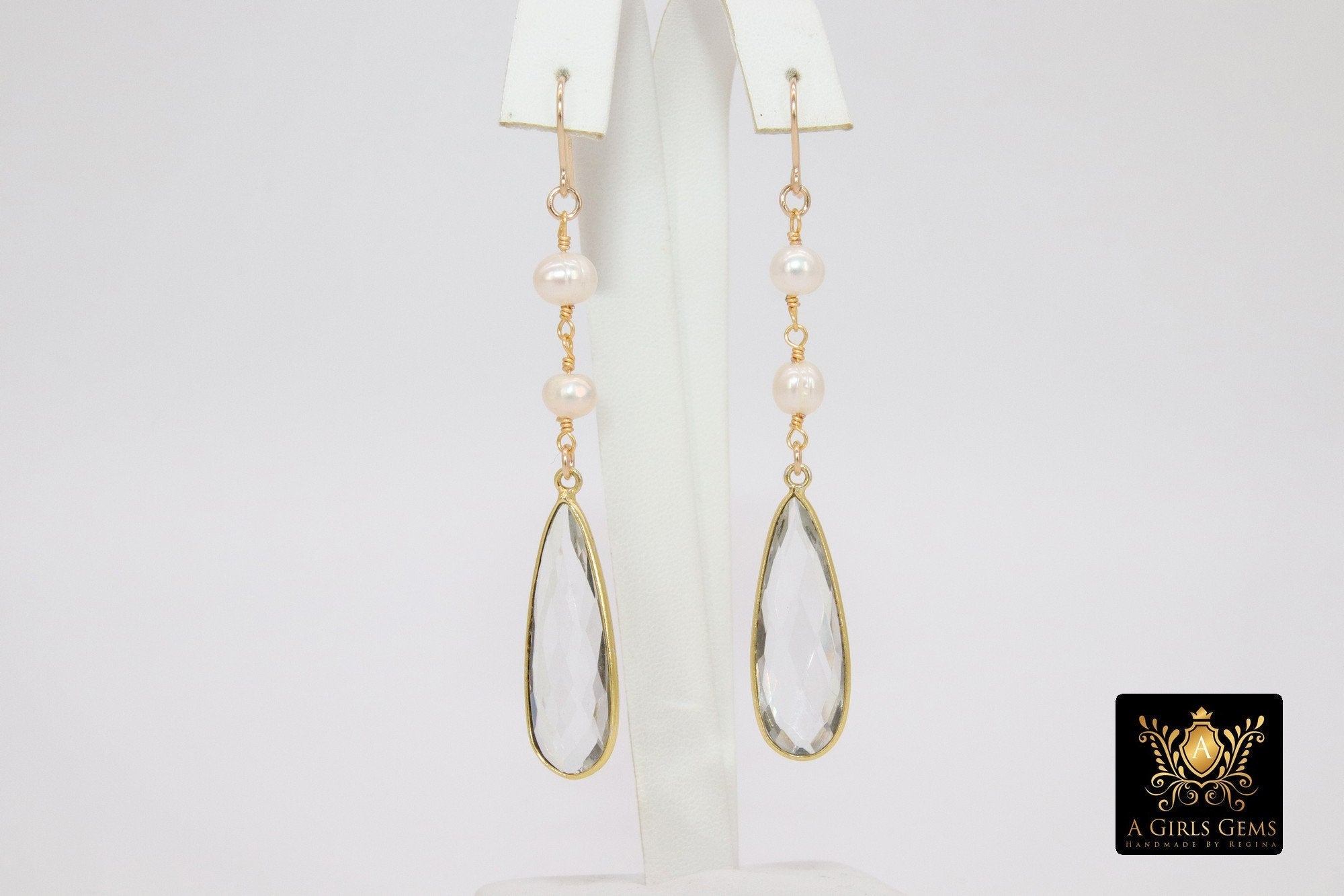 Long Dangle Earrings, Freshwater Pearl, 14 K Gold Ear Wires - A Girls Gems