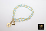 Initial Chain Bracelet, 14 K Gold Toggle Bar Double Wrap Gold Coin Round Letters