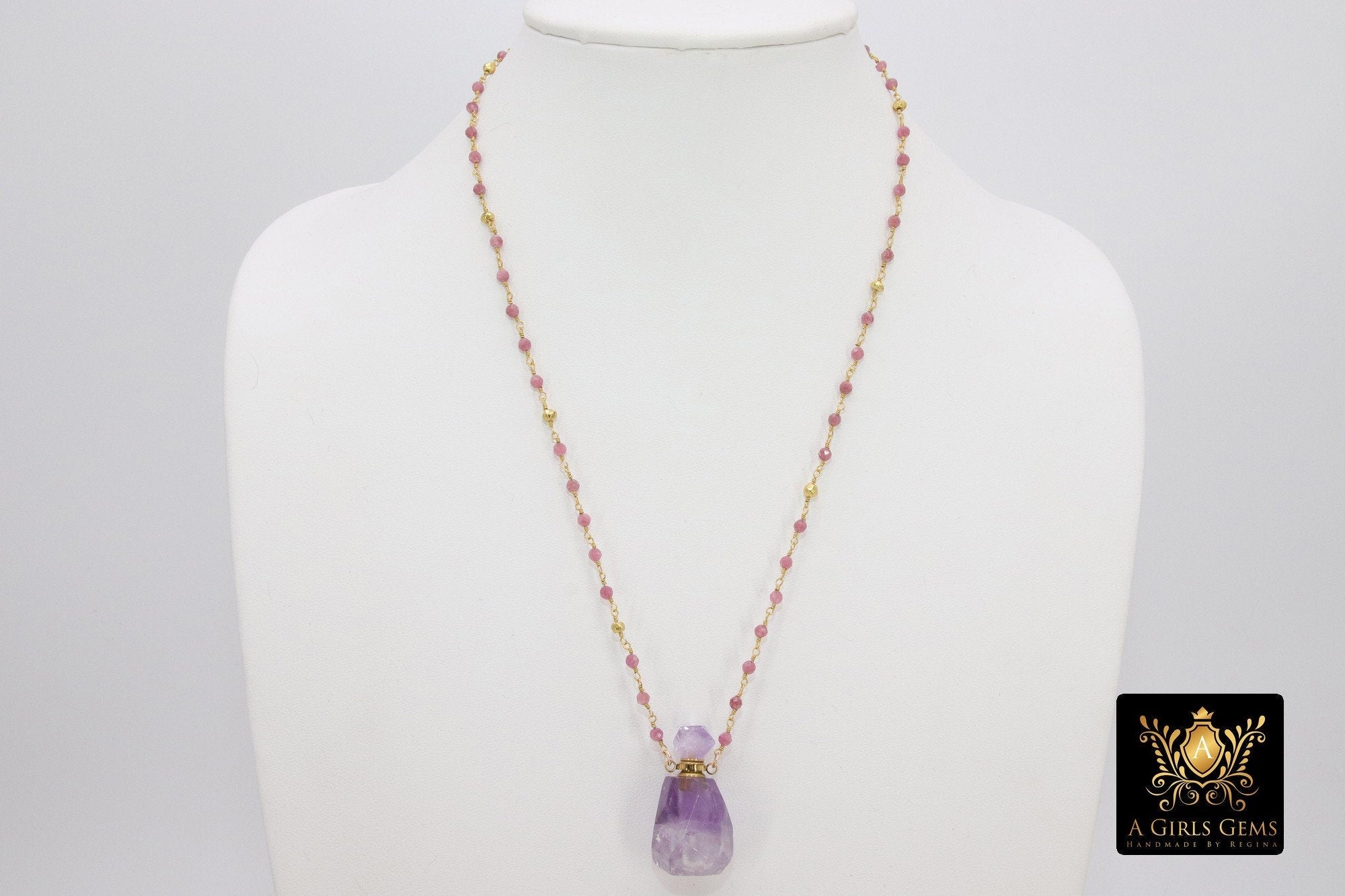 Holy Water Bottle Rosary Chain Necklace, Perfume or Essence Oil Amethyst, Natural Pink Tourmaline Gold Pyrite Necklace - A Girls Gems